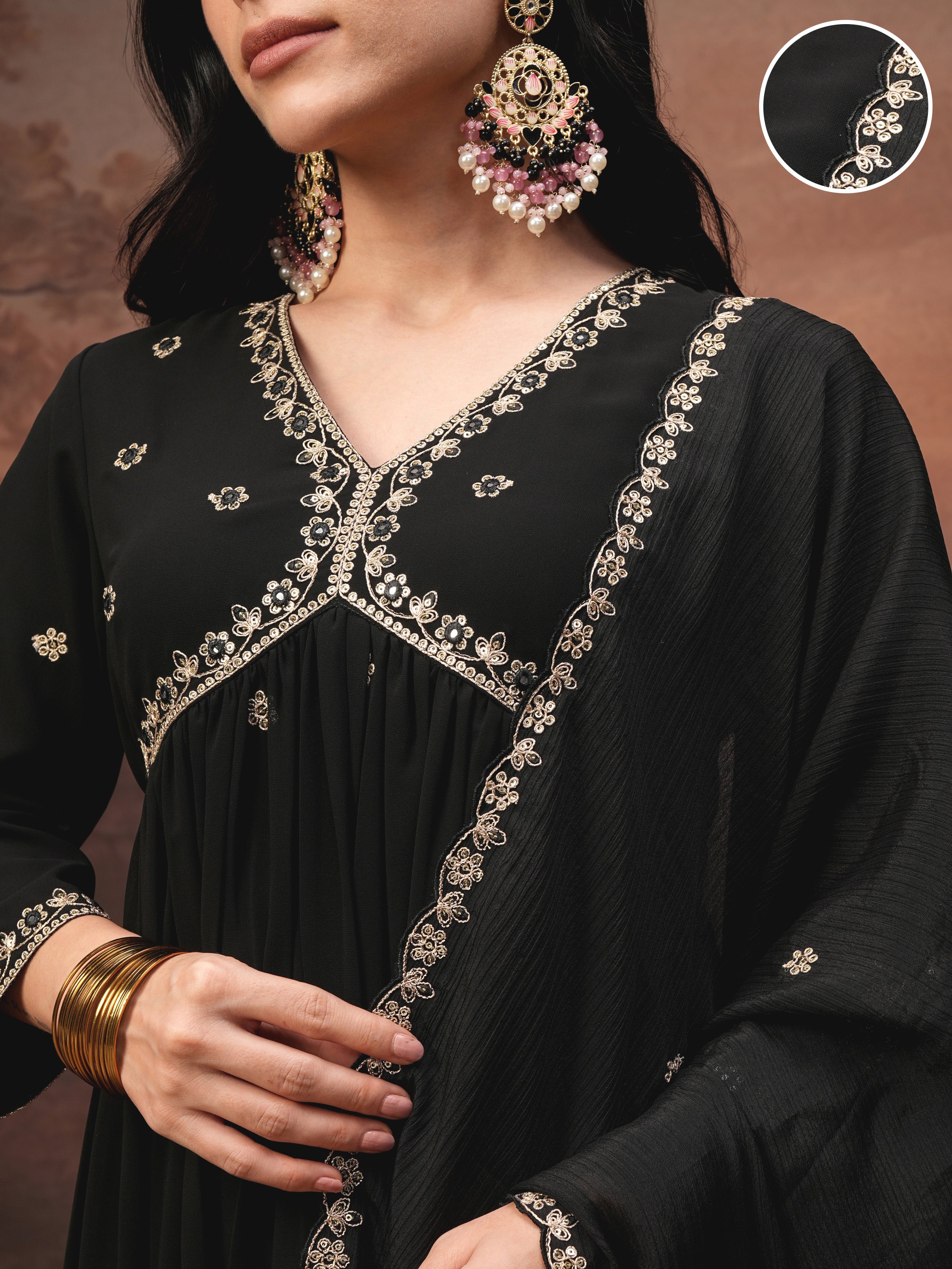 Vishudh Women Black Embroidered Kurta With Trouser And Dupatta - Black - Image 5