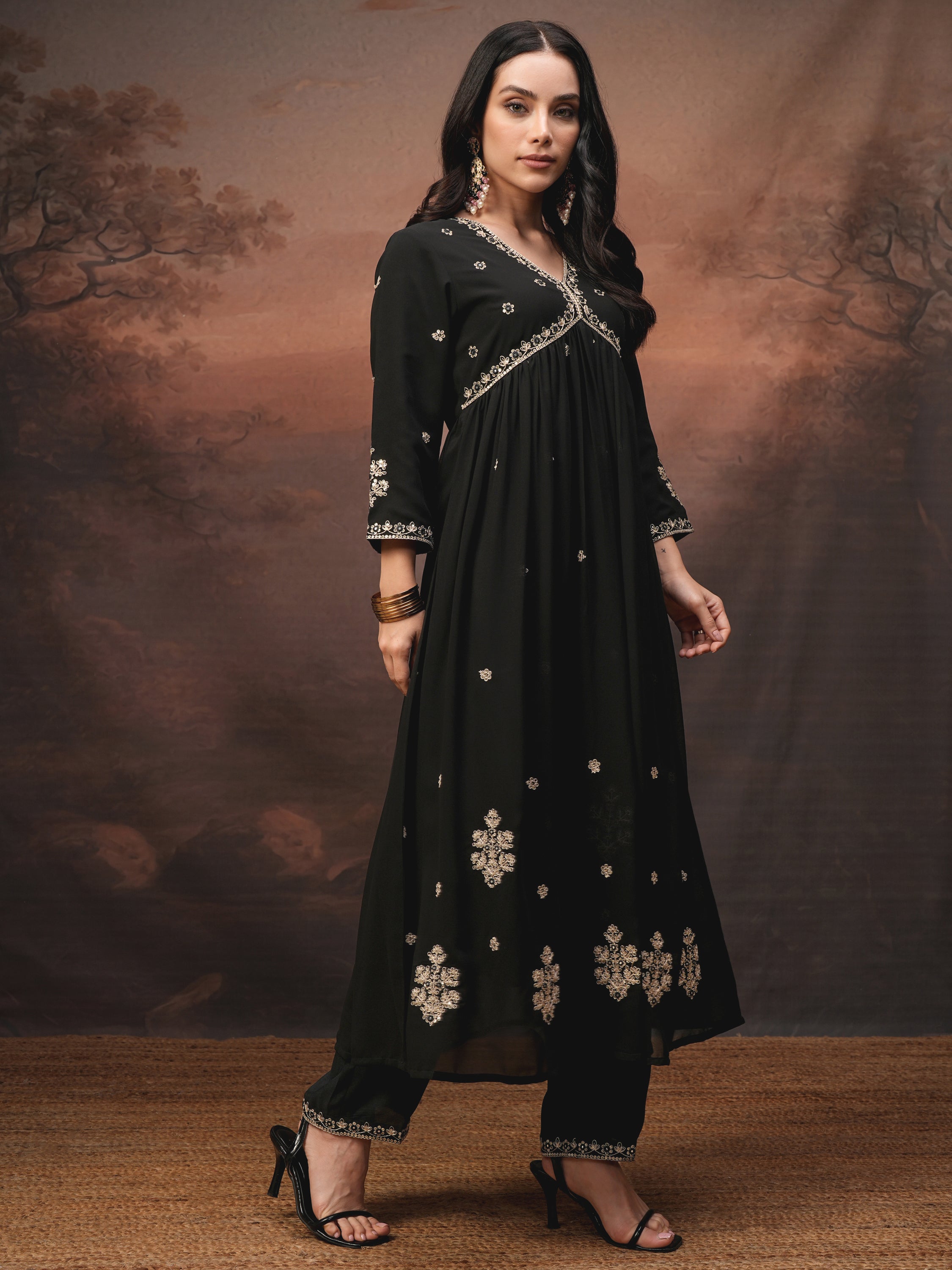 Vishudh Women Black Embroidered Kurta With Trouser And Dupatta - Black - Image 6