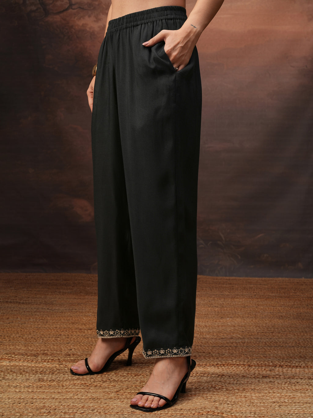 Vishudh Women Black Embroidered Kurta With Trouser And Dupatta - Black - Image 7