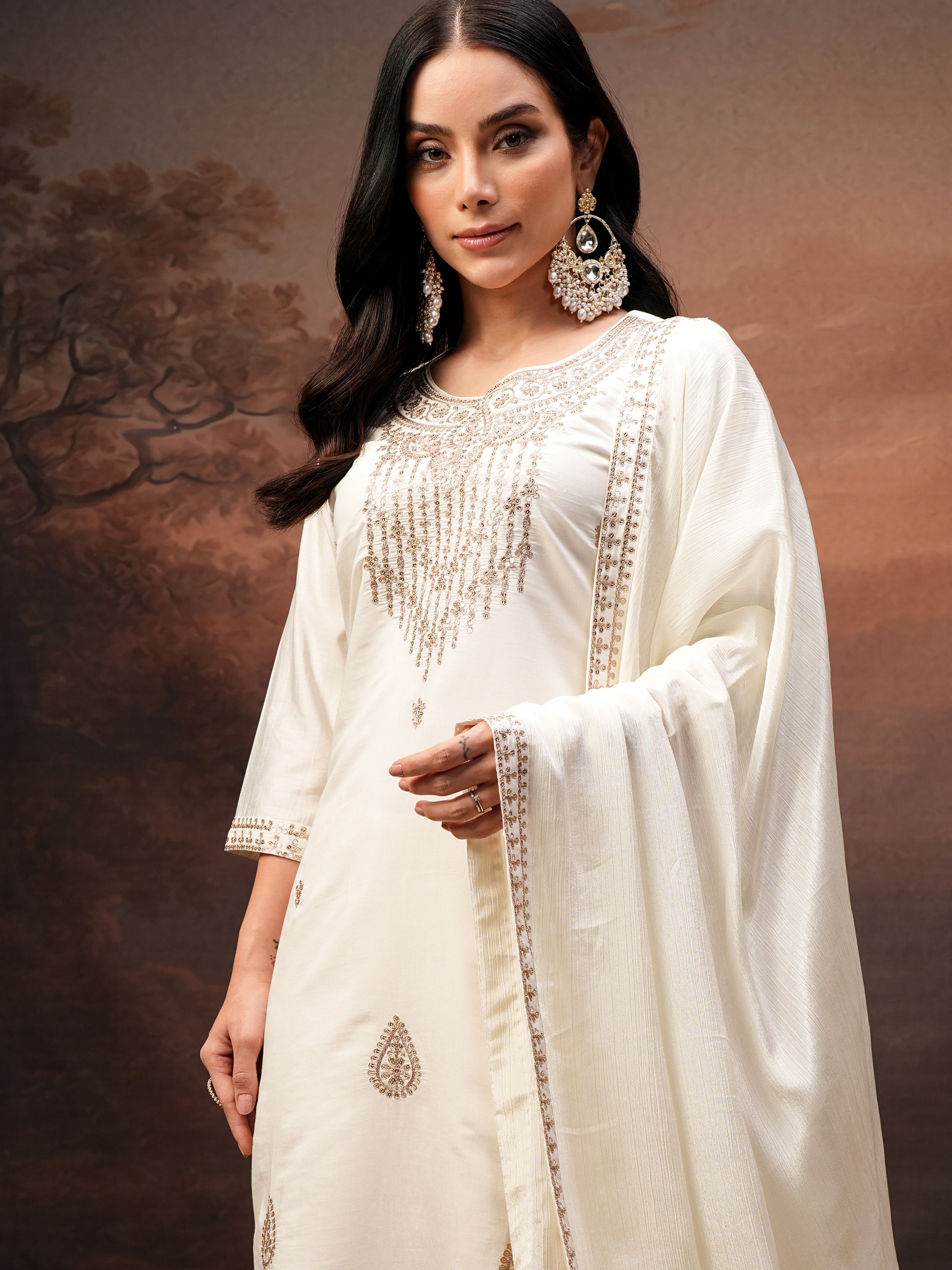 Vishudh Women Off White Embroidered Kurta With Trouser And Dupatta - Off White - Image 1
