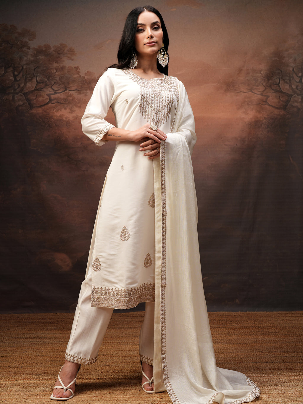 Vishudh Women Off White Embroidered Kurta With Trouser And Dupatta - Off White - Image 2