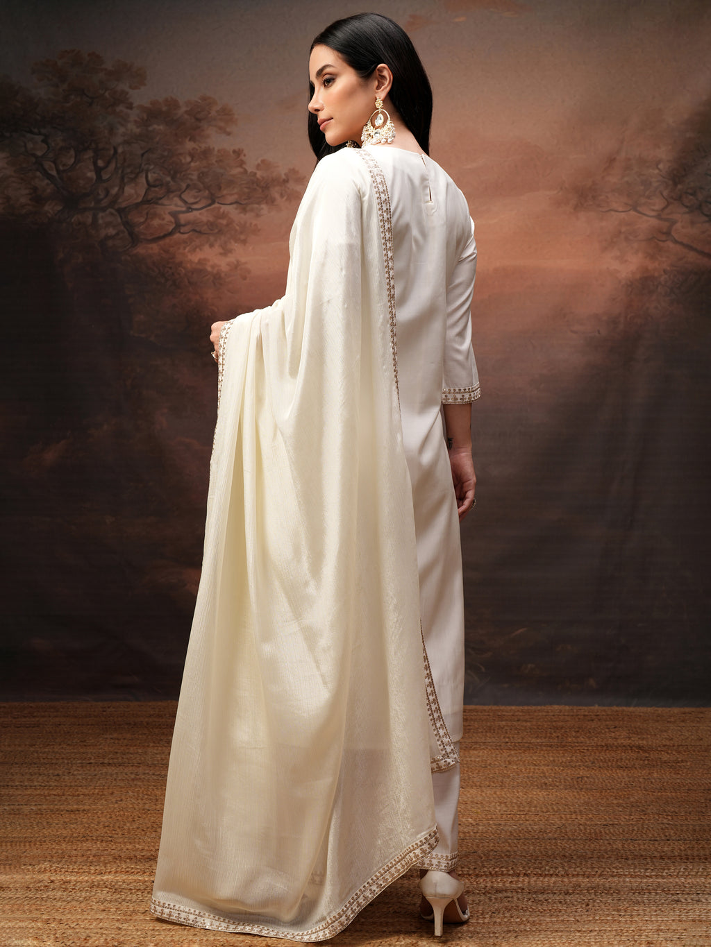 Vishudh Women Off White Embroidered Kurta With Trouser And Dupatta - Off White - Image 3