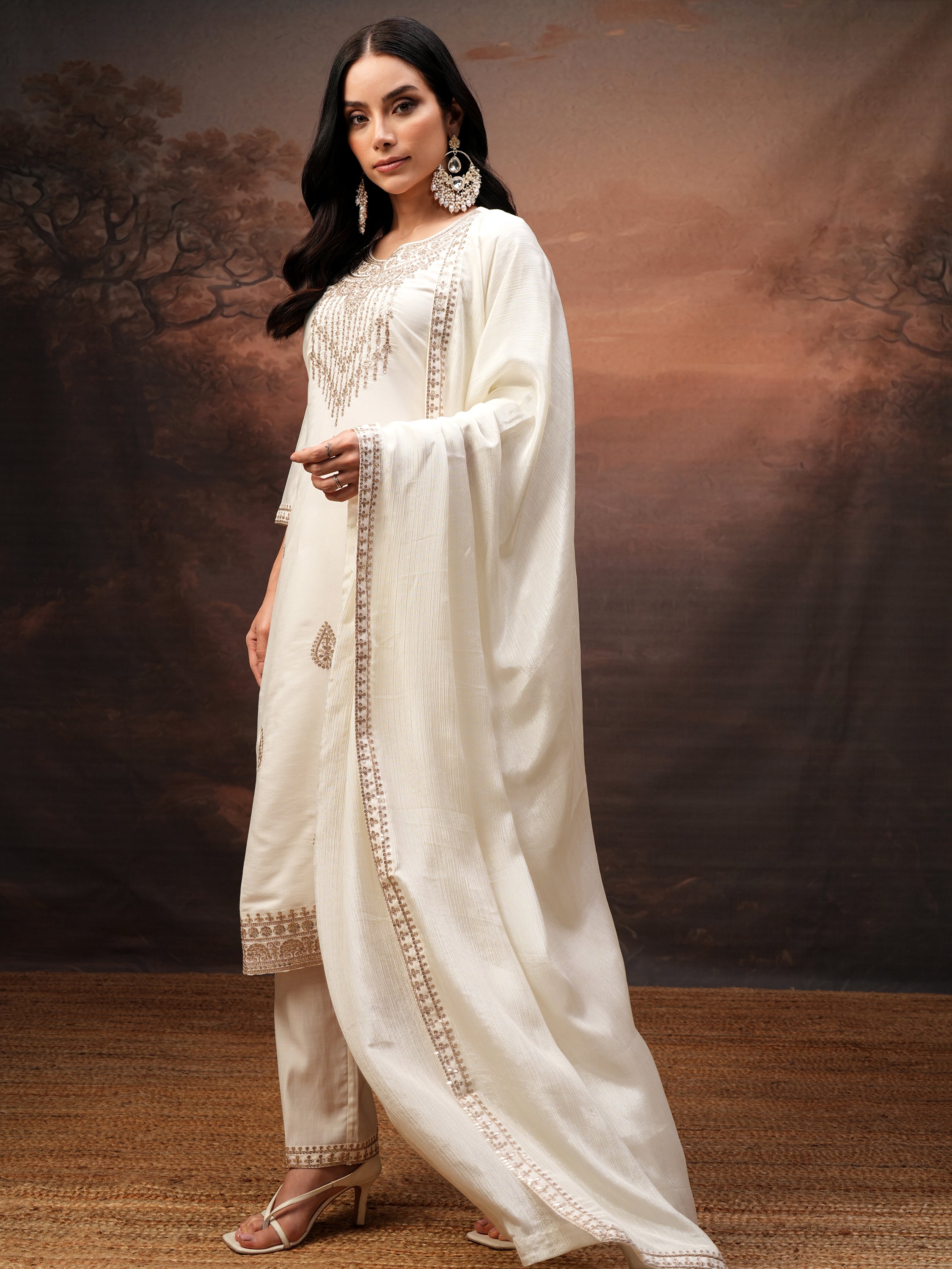 Vishudh Women Off White Embroidered Kurta With Trouser And Dupatta - Off White - Image 4