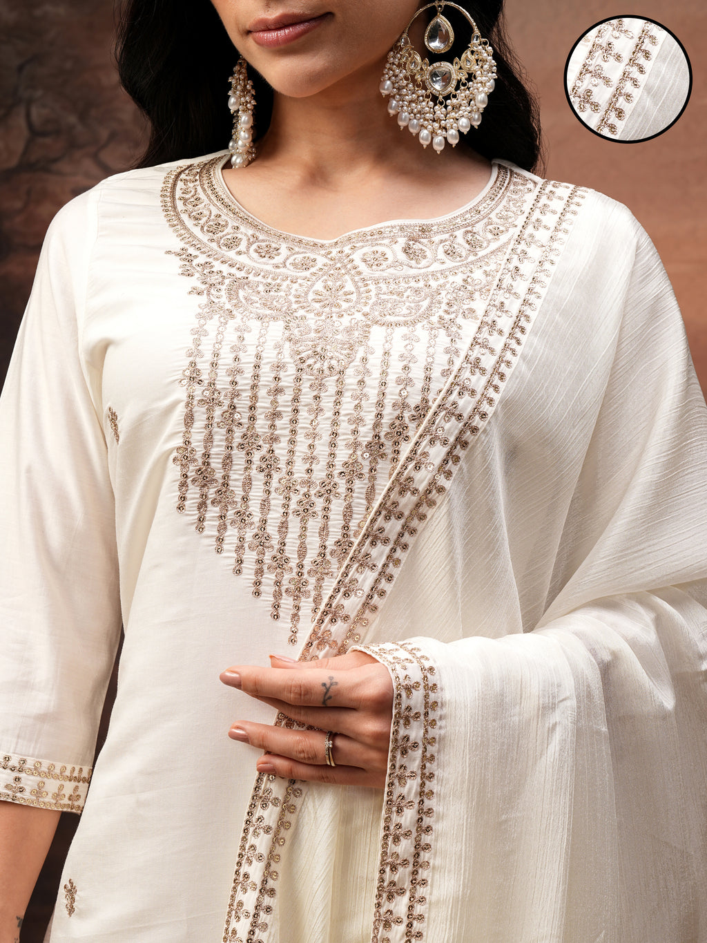 Vishudh Women Off White Embroidered Kurta With Trouser And Dupatta - Off White - Image 5
