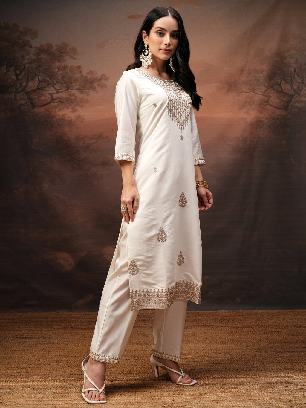 Vishudh Women Off White Embroidered Kurta With Trouser And Dupatta - Off White - Image 6
