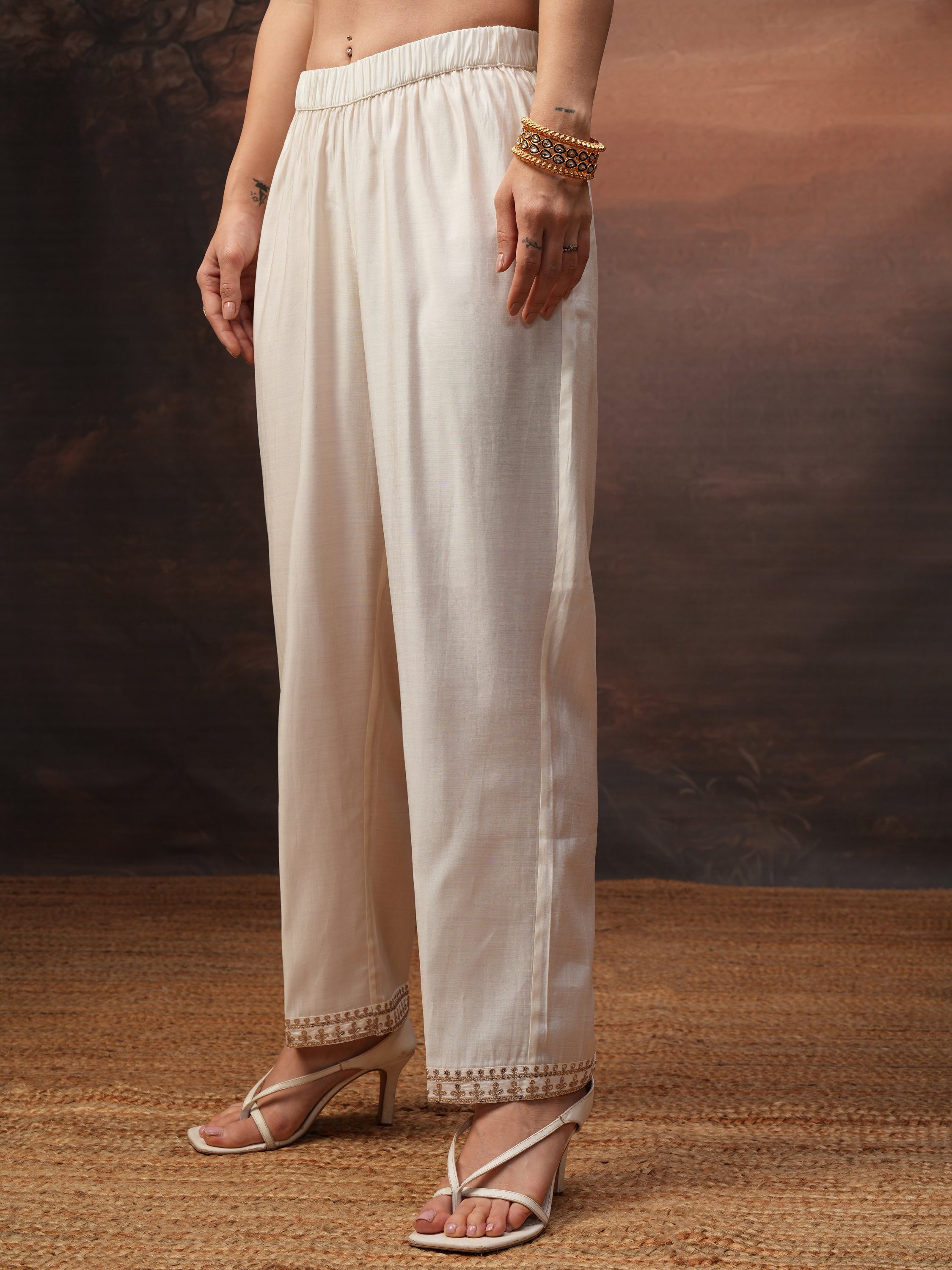 Vishudh Women Off White Embroidered Kurta With Trouser And Dupatta - Off White - Image 7