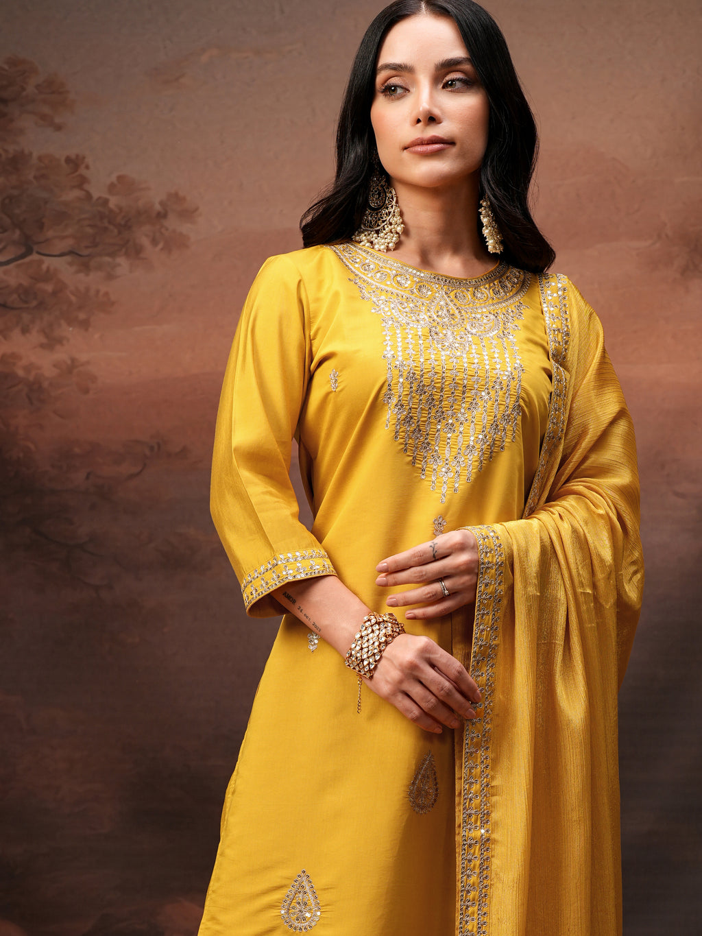 Vishudh Women Yellow Embroidered Kurta With Trouser And Dupatta - Yellow - Image 1