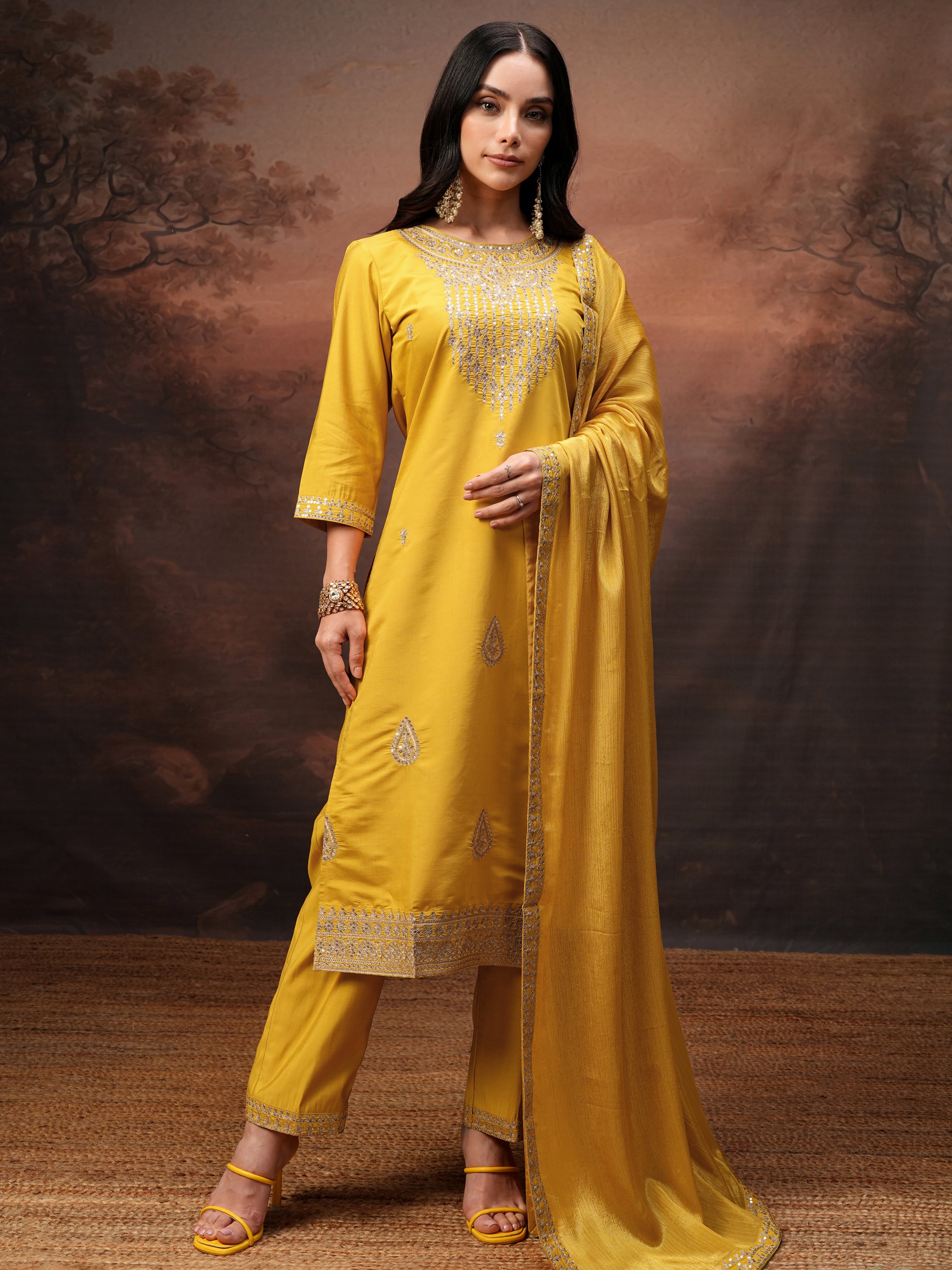 Vishudh Women Yellow Embroidered Kurta With Trouser And Dupatta - Yellow - Image 2