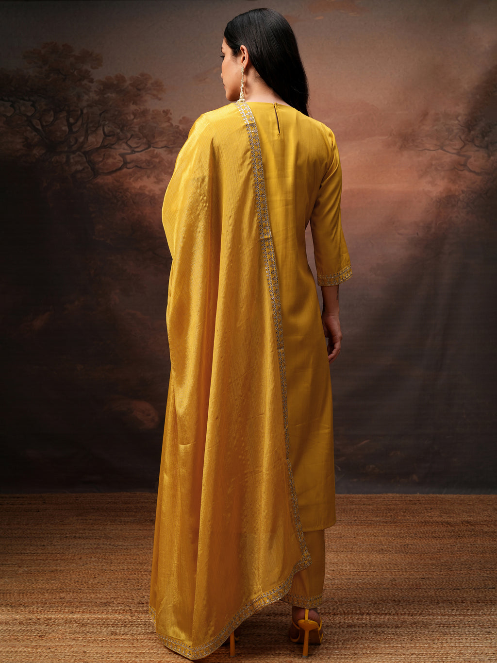 Vishudh Women Yellow Embroidered Kurta With Trouser And Dupatta - Yellow - Image 3