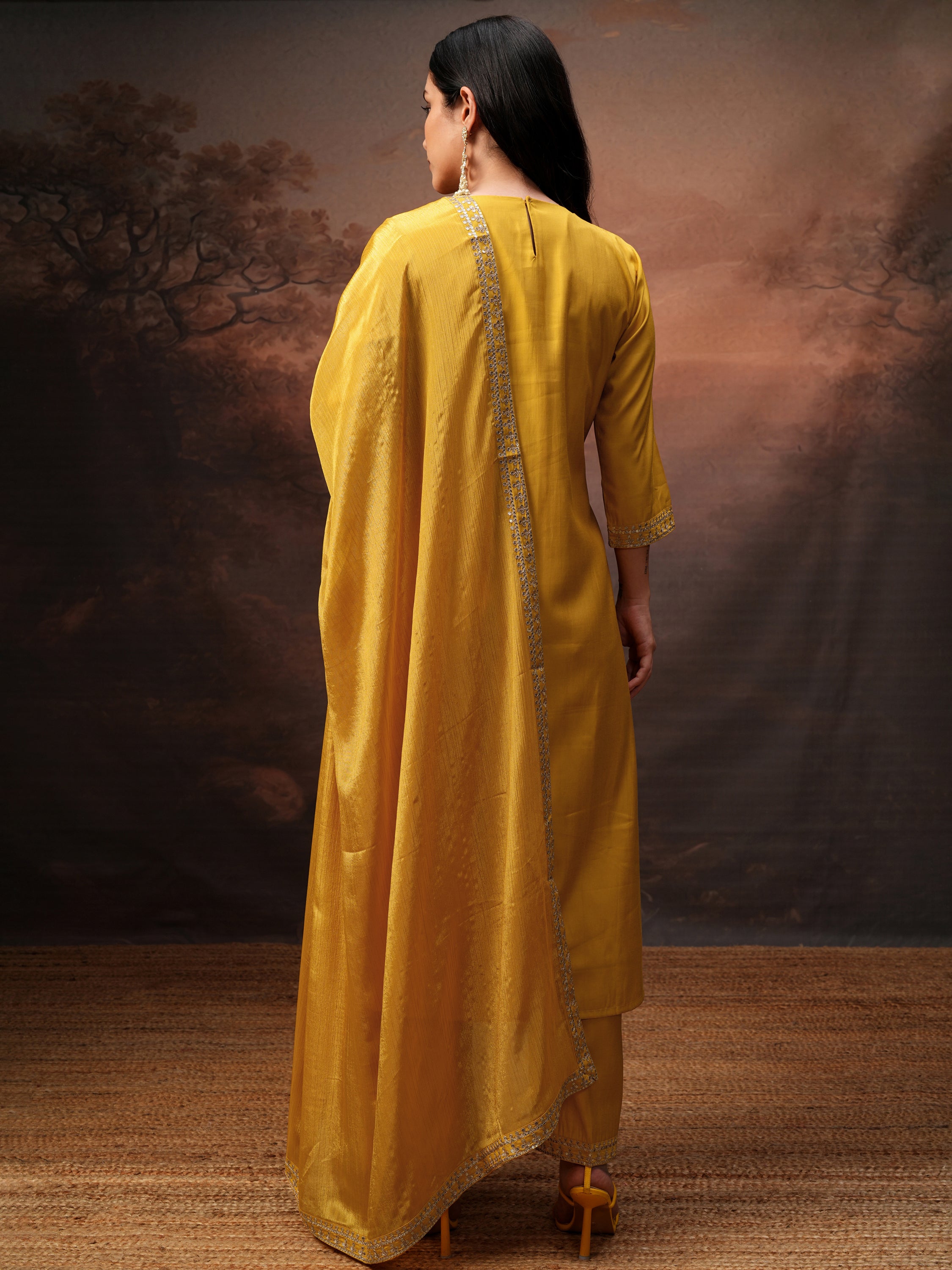 Vishudh Women Yellow Embroidered Kurta With Trouser And Dupatta - Yellow - Image 3