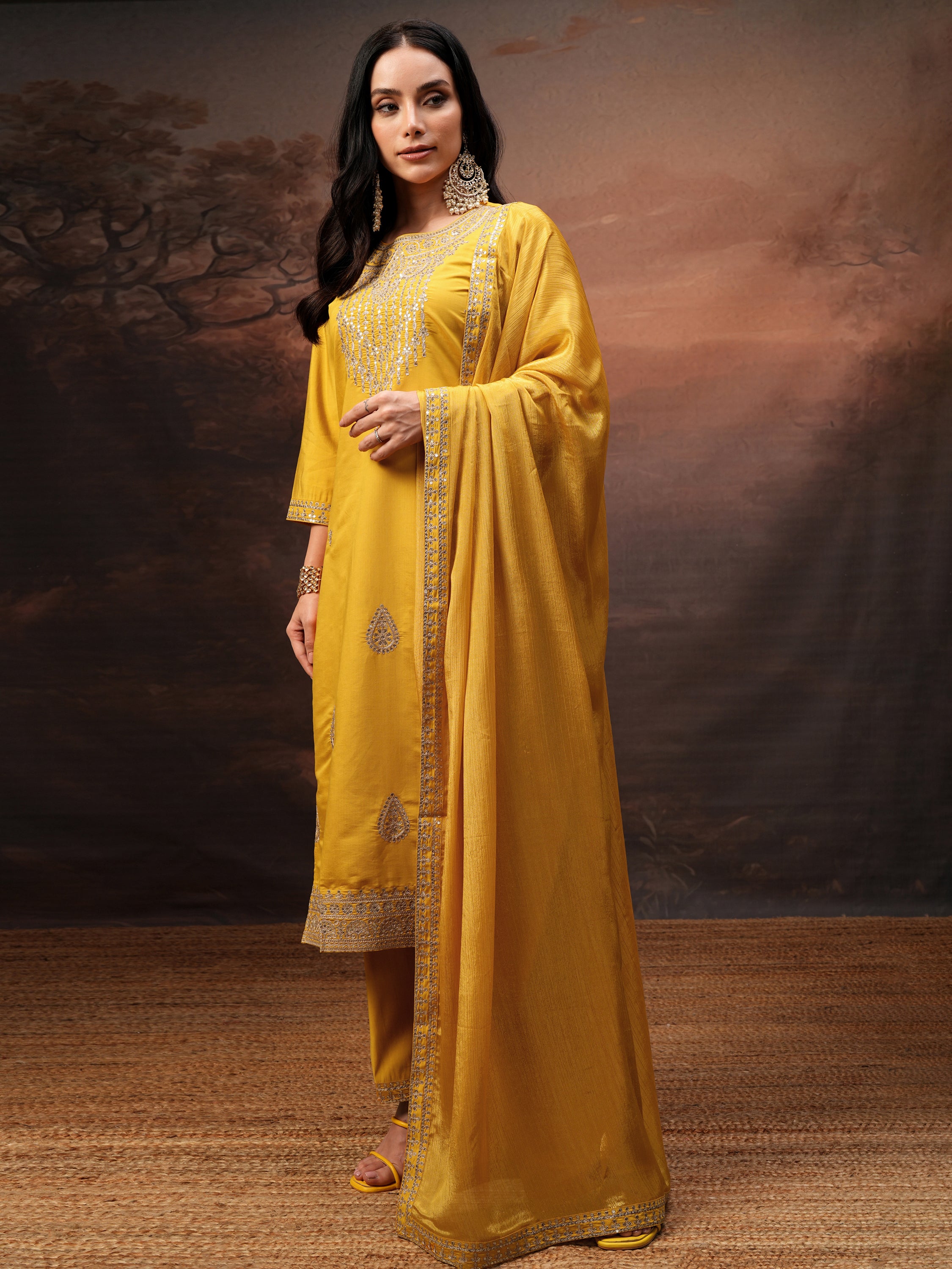 Vishudh Women Yellow Embroidered Kurta With Trouser And Dupatta - Yellow - Image 4