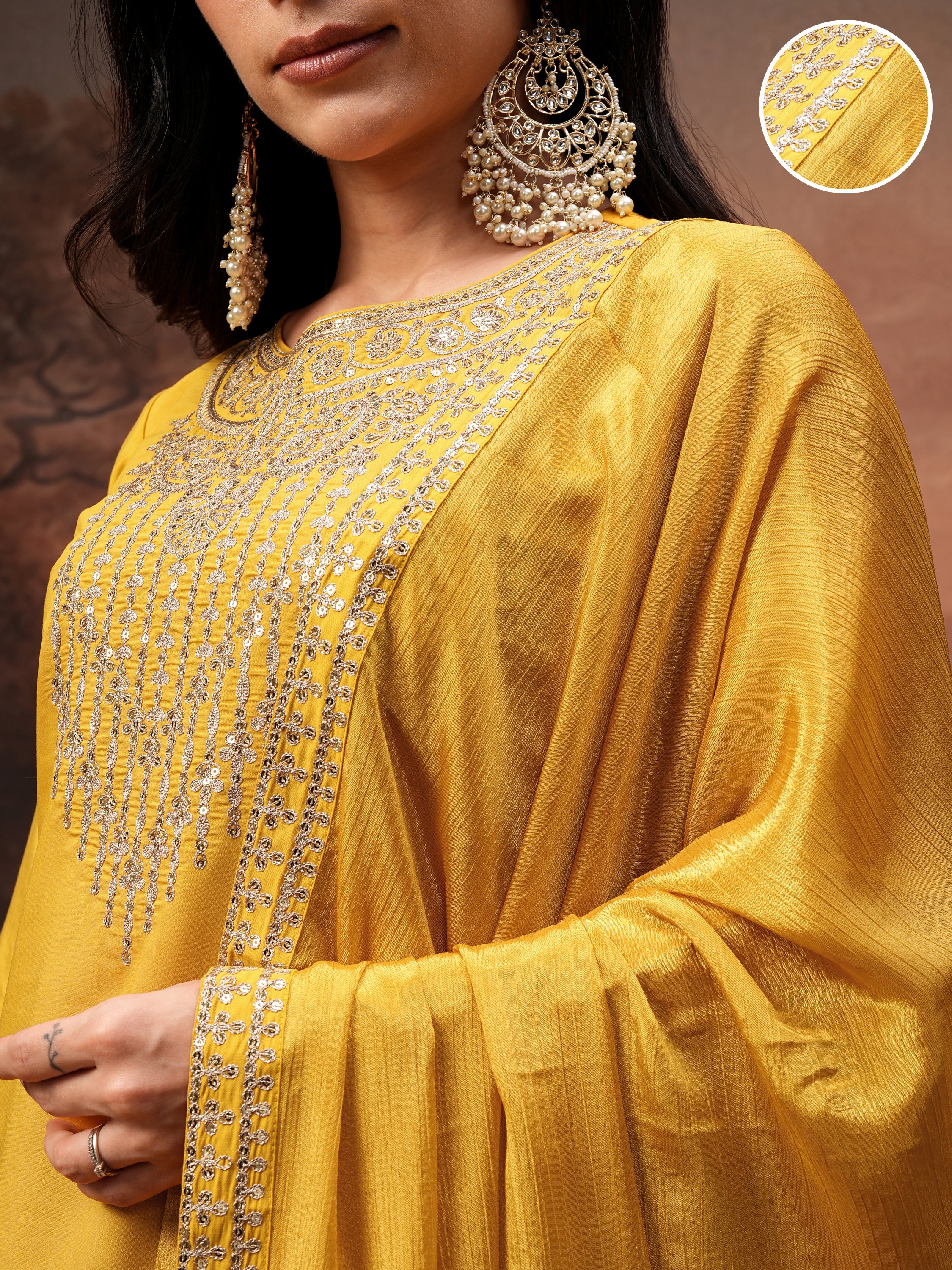 Vishudh Women Yellow Embroidered Kurta With Trouser And Dupatta - Yellow - Image 5