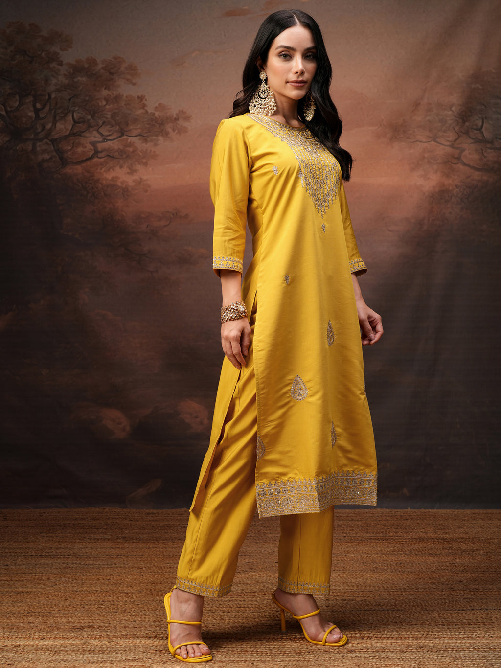 Vishudh Women Yellow Embroidered Kurta With Trouser And Dupatta - Yellow - Image 6