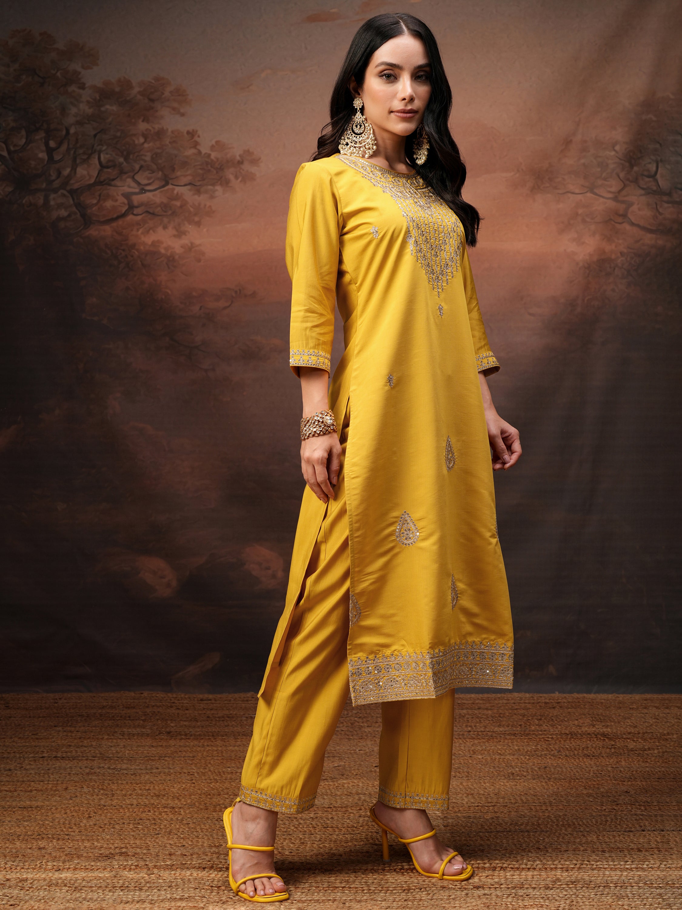 Vishudh Women Yellow Embroidered Kurta With Trouser And Dupatta - Yellow - Image 6