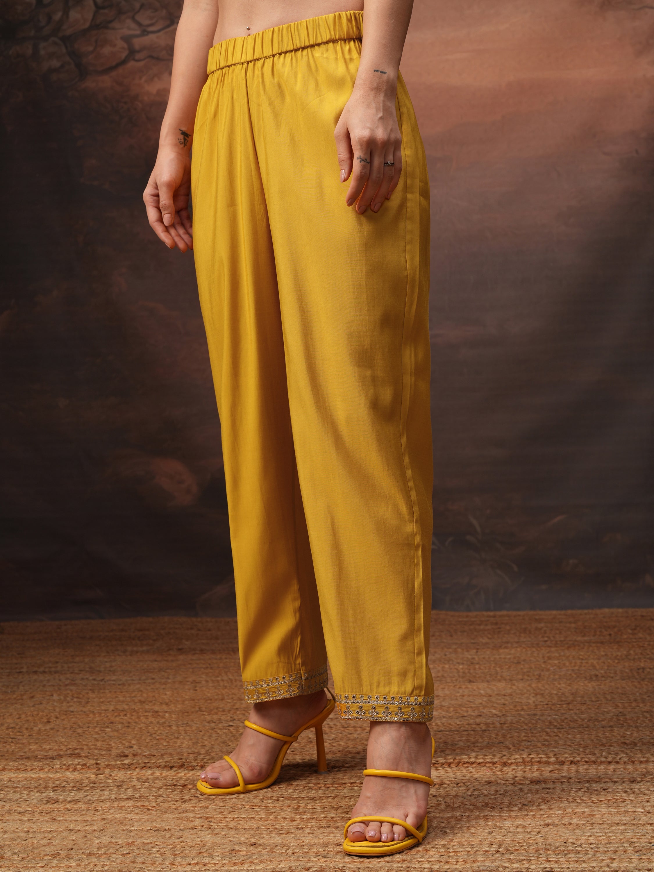 Vishudh Women Yellow Embroidered Kurta With Trouser And Dupatta - Yellow - Image 7