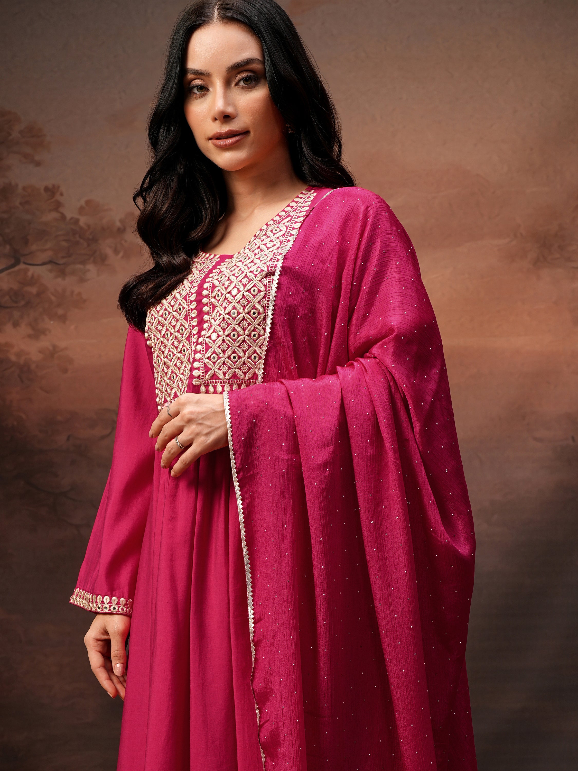 Vishudh Women Pink Embroidered Kurta With Trouser And Dupatta - Pink - Image 1