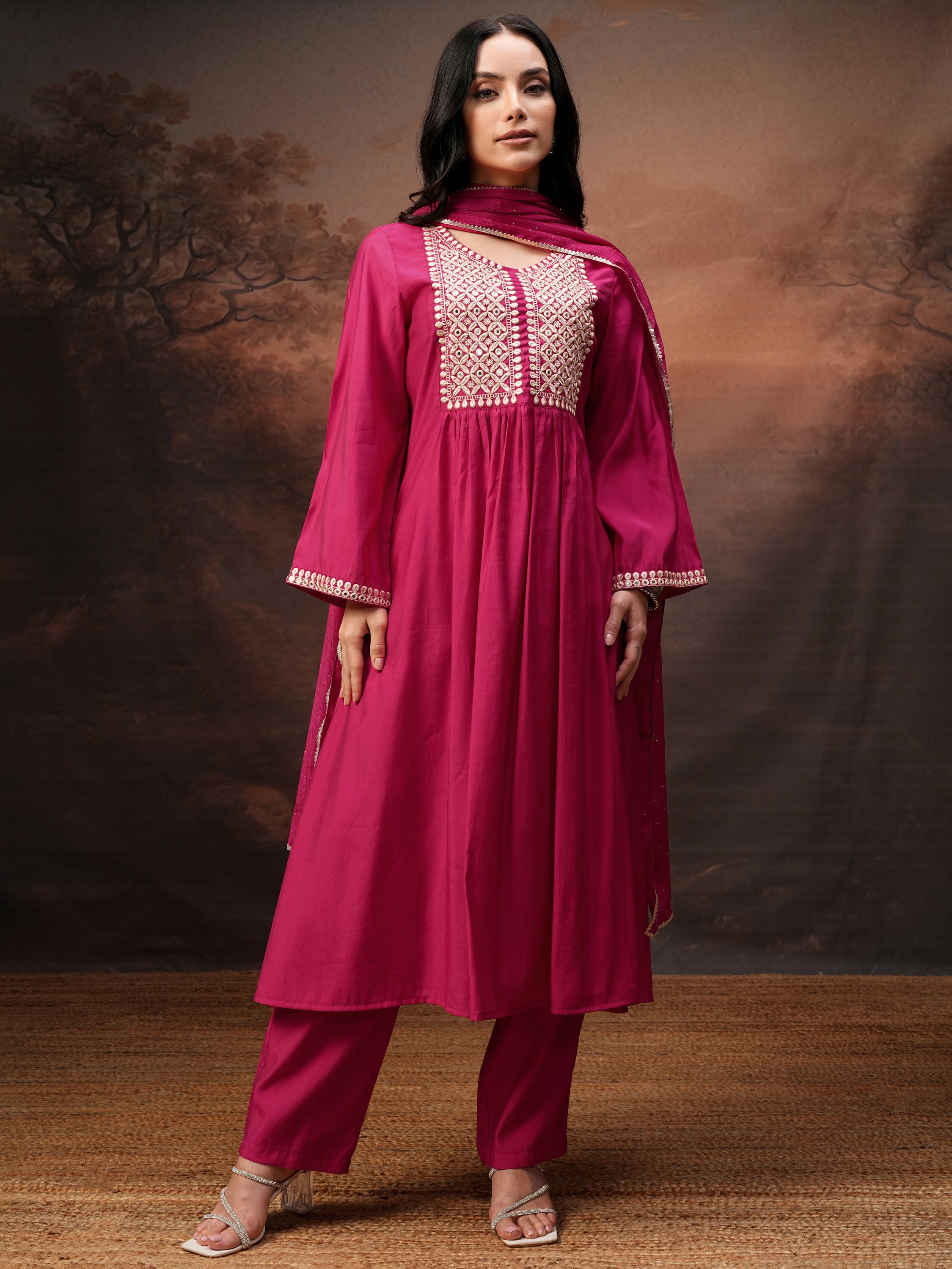 Vishudh Women Pink Embroidered Kurta With Trouser And Dupatta - Pink - Image 2