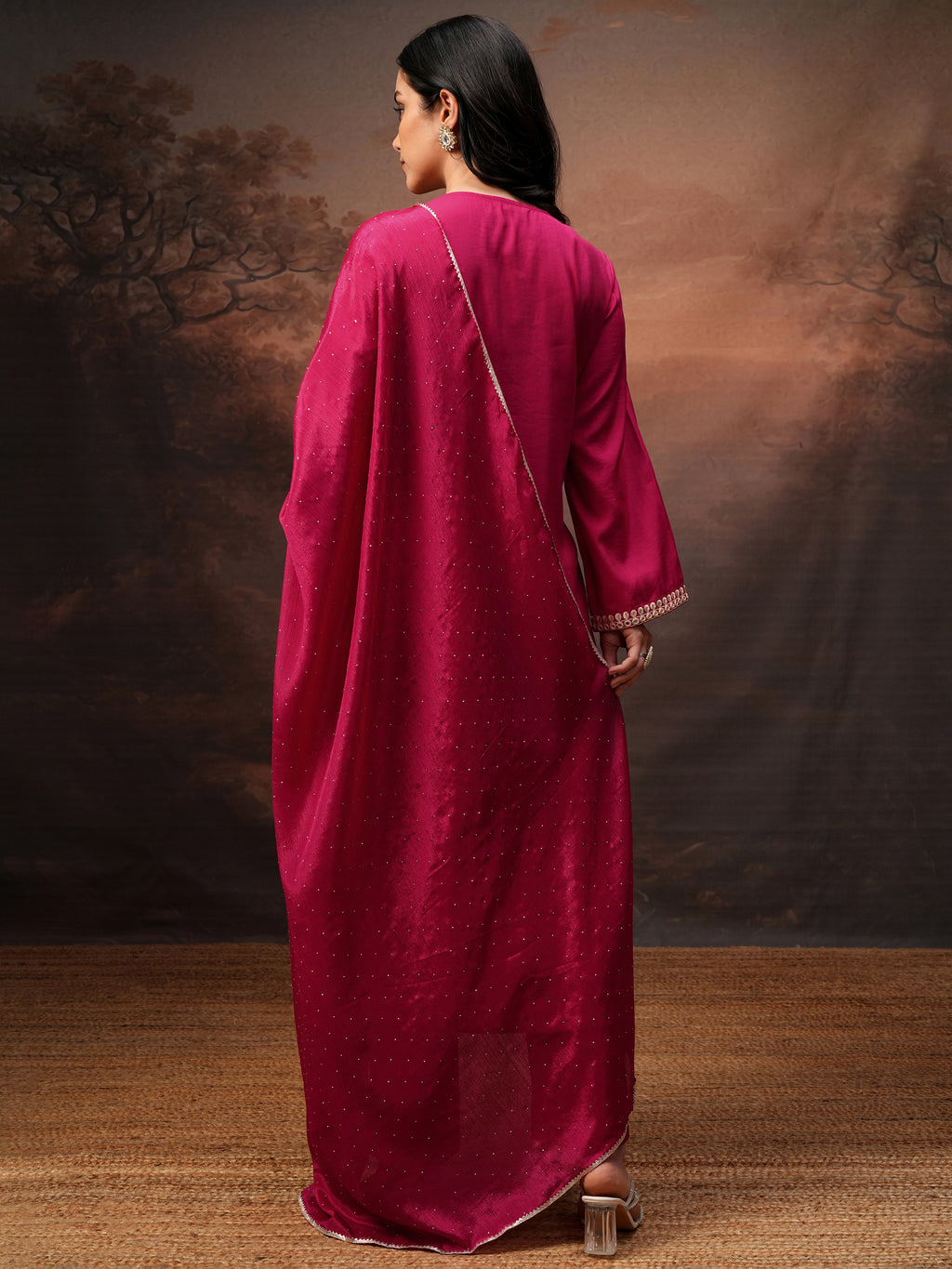 Vishudh Women Pink Embroidered Kurta With Trouser And Dupatta - Pink - Image 3