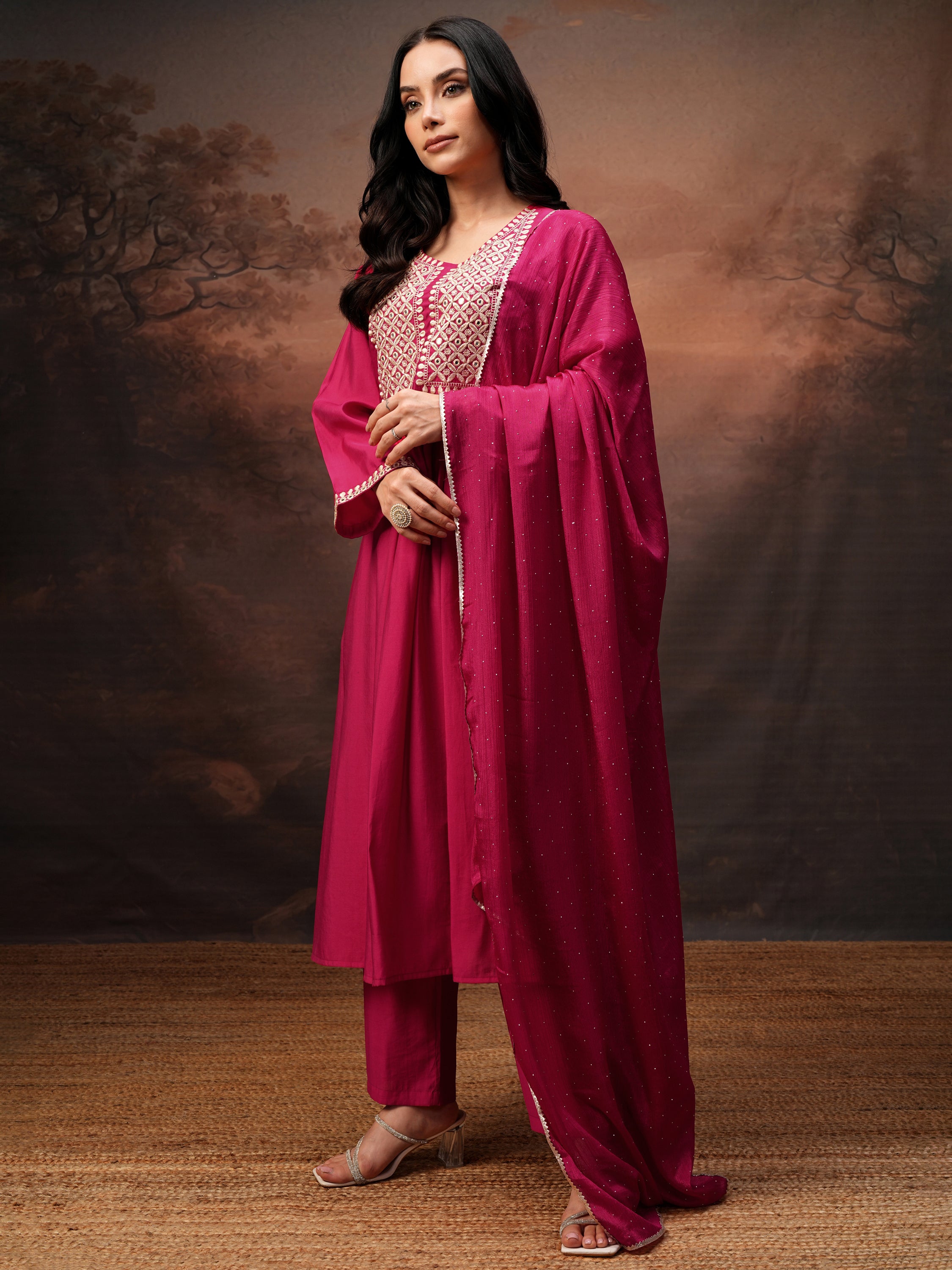 Vishudh Women Pink Embroidered Kurta With Trouser And Dupatta - Pink - Image 4