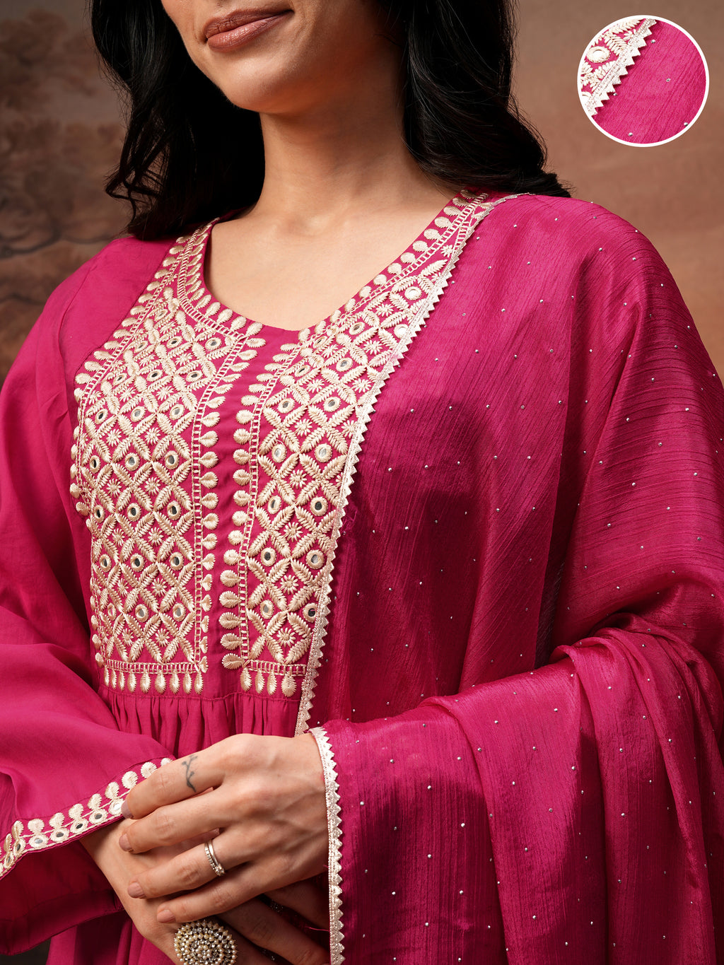 Vishudh Women Pink Embroidered Kurta With Trouser And Dupatta - Pink - Image 5