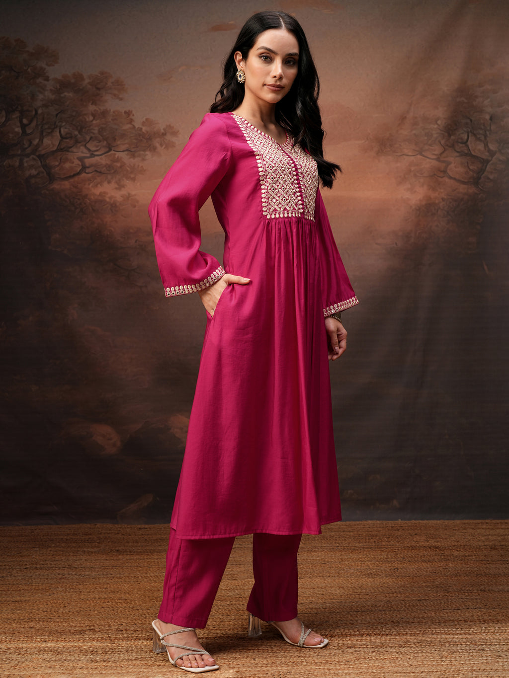 Vishudh Women Pink Embroidered Kurta With Trouser And Dupatta - Pink - Image 6