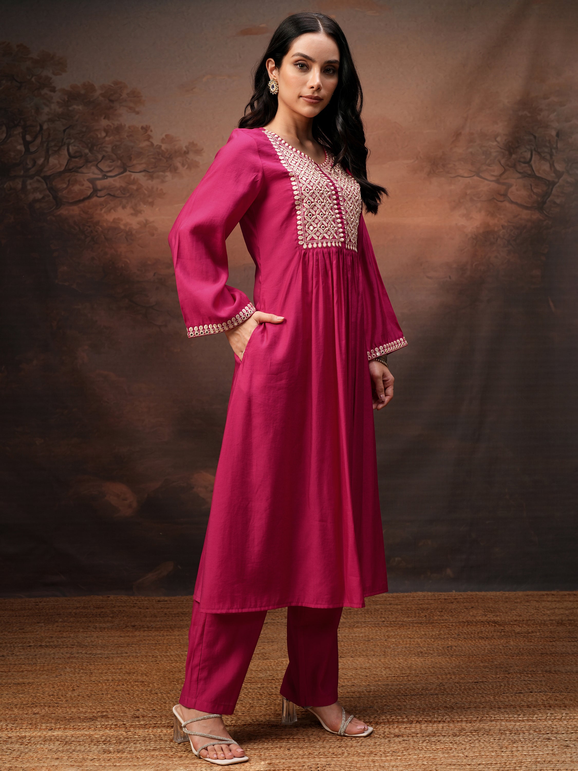 Vishudh Women Pink Embroidered Kurta With Trouser And Dupatta - Pink - Image 6