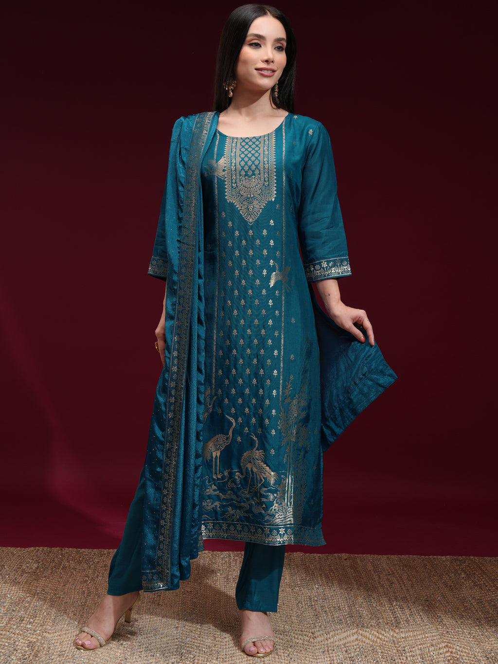 Vishudh Women Teal Printed Kurta With Palazzo And Dupatta - Teal - Image 2