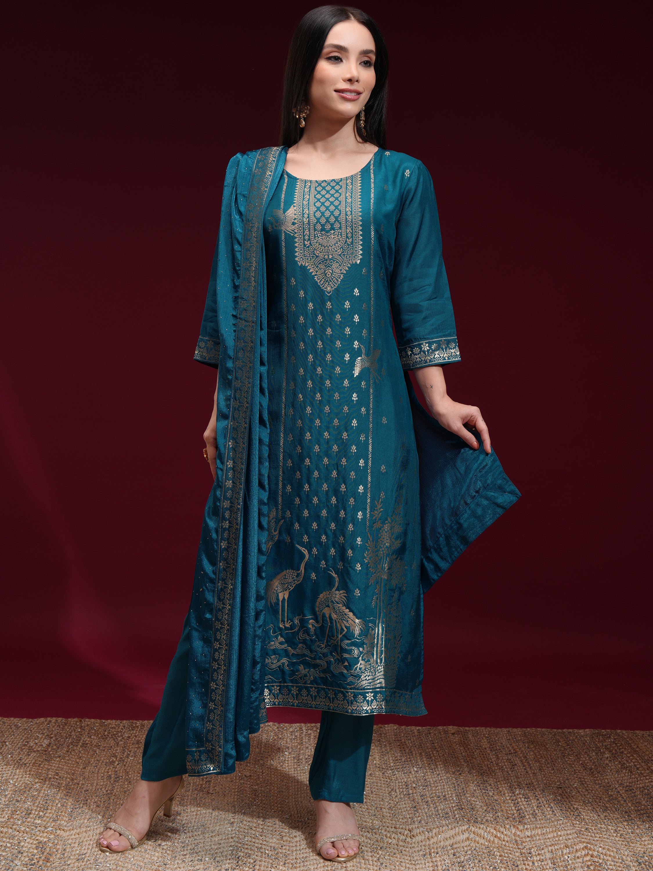 Vishudh Women Teal Printed Kurta With Palazzo And Dupatta - Teal - Image 2
