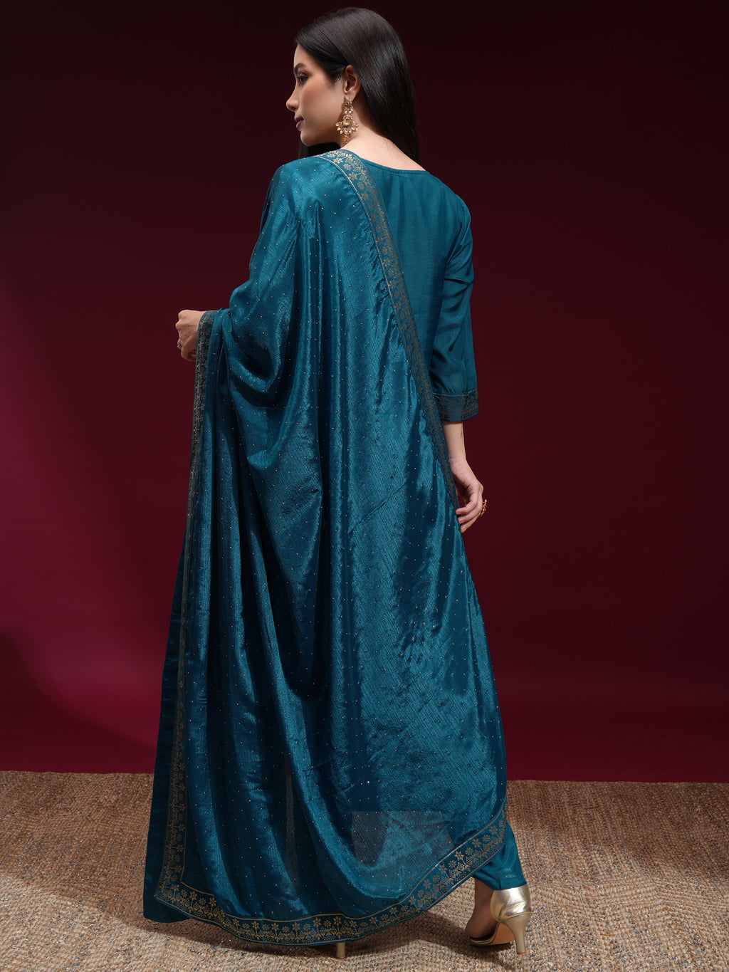 Vishudh Women Teal Printed Kurta With Palazzo And Dupatta - Teal - Image 3