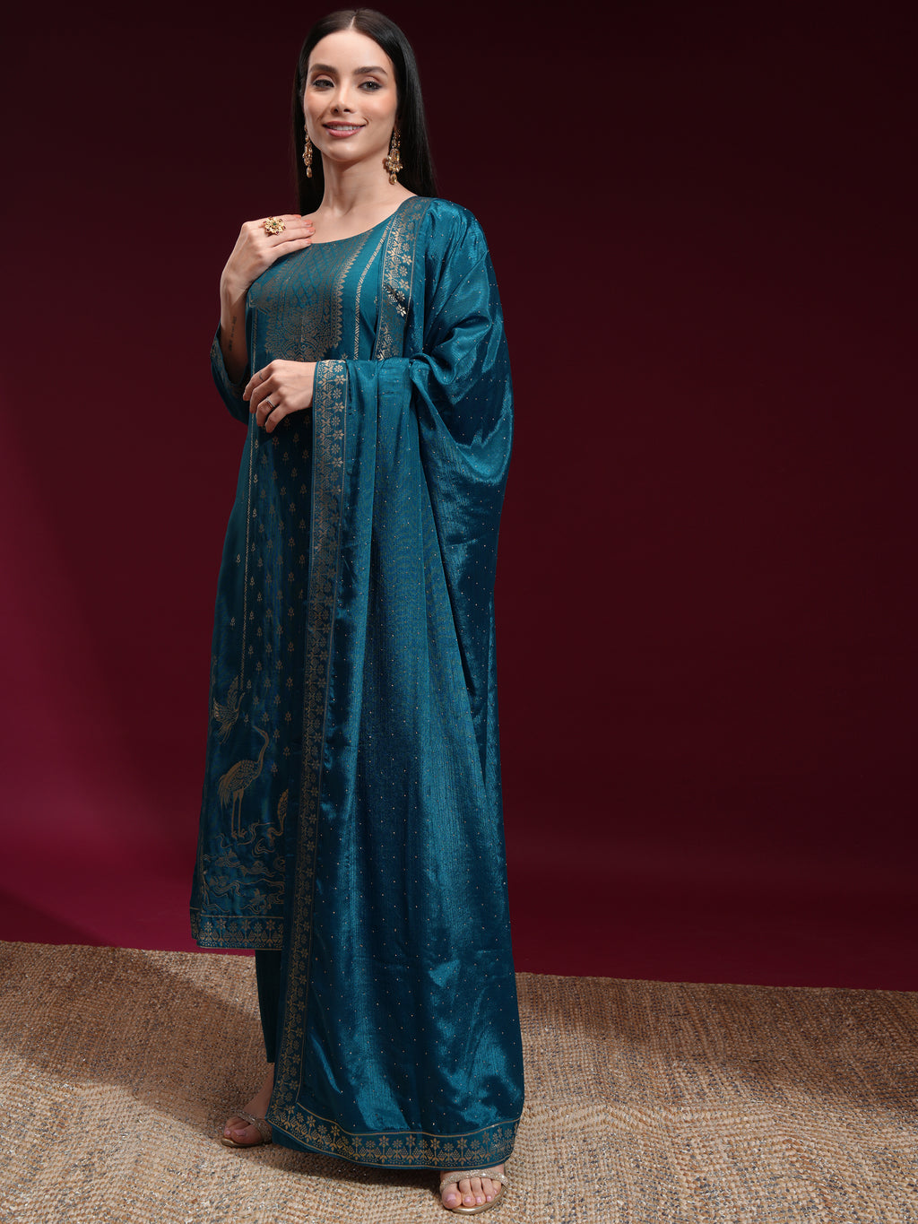 Vishudh Women Teal Printed Kurta With Palazzo And Dupatta - Teal - Image 4