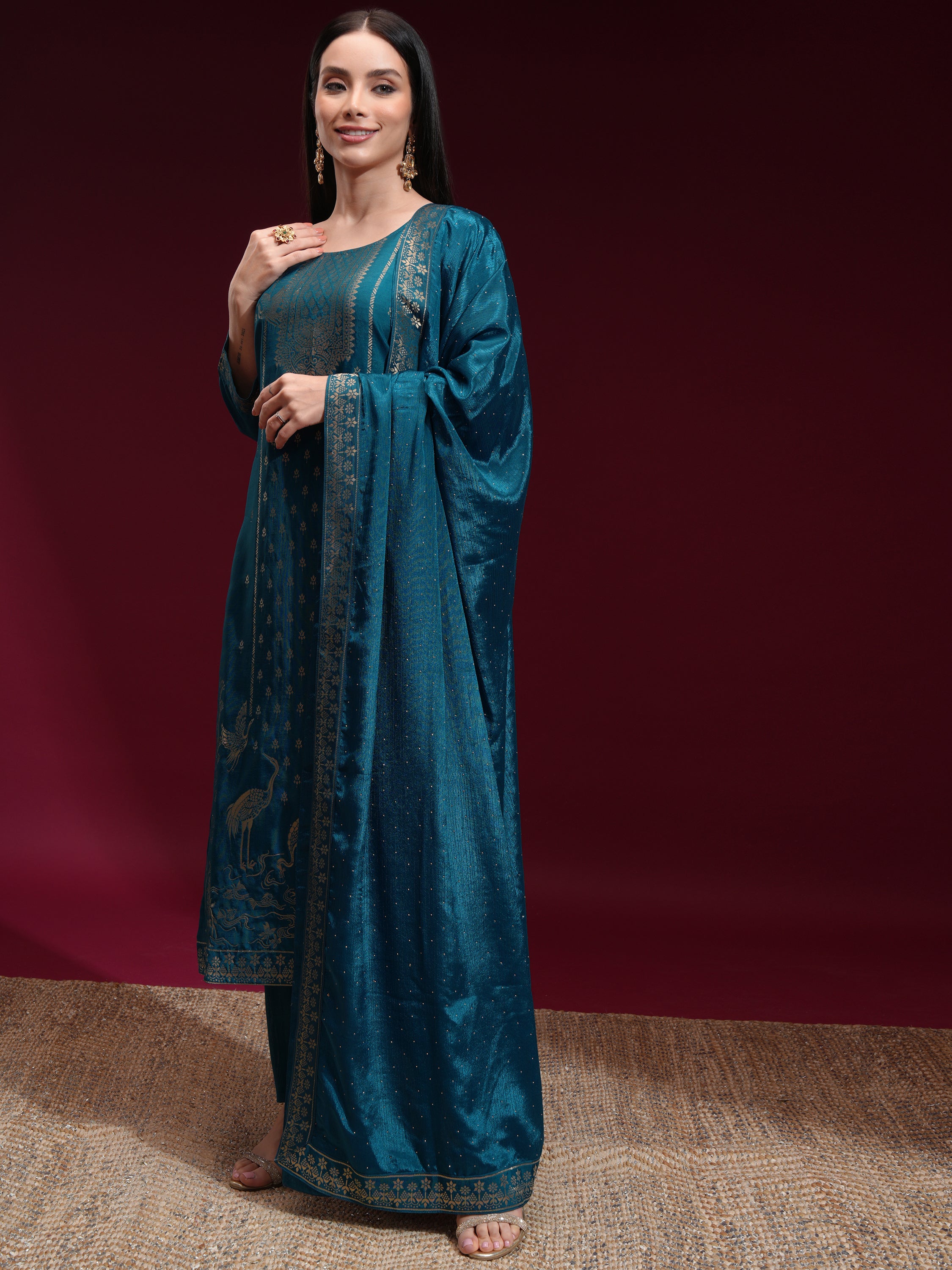 Vishudh Women Teal Printed Kurta With Palazzo And Dupatta - Teal - Image 4