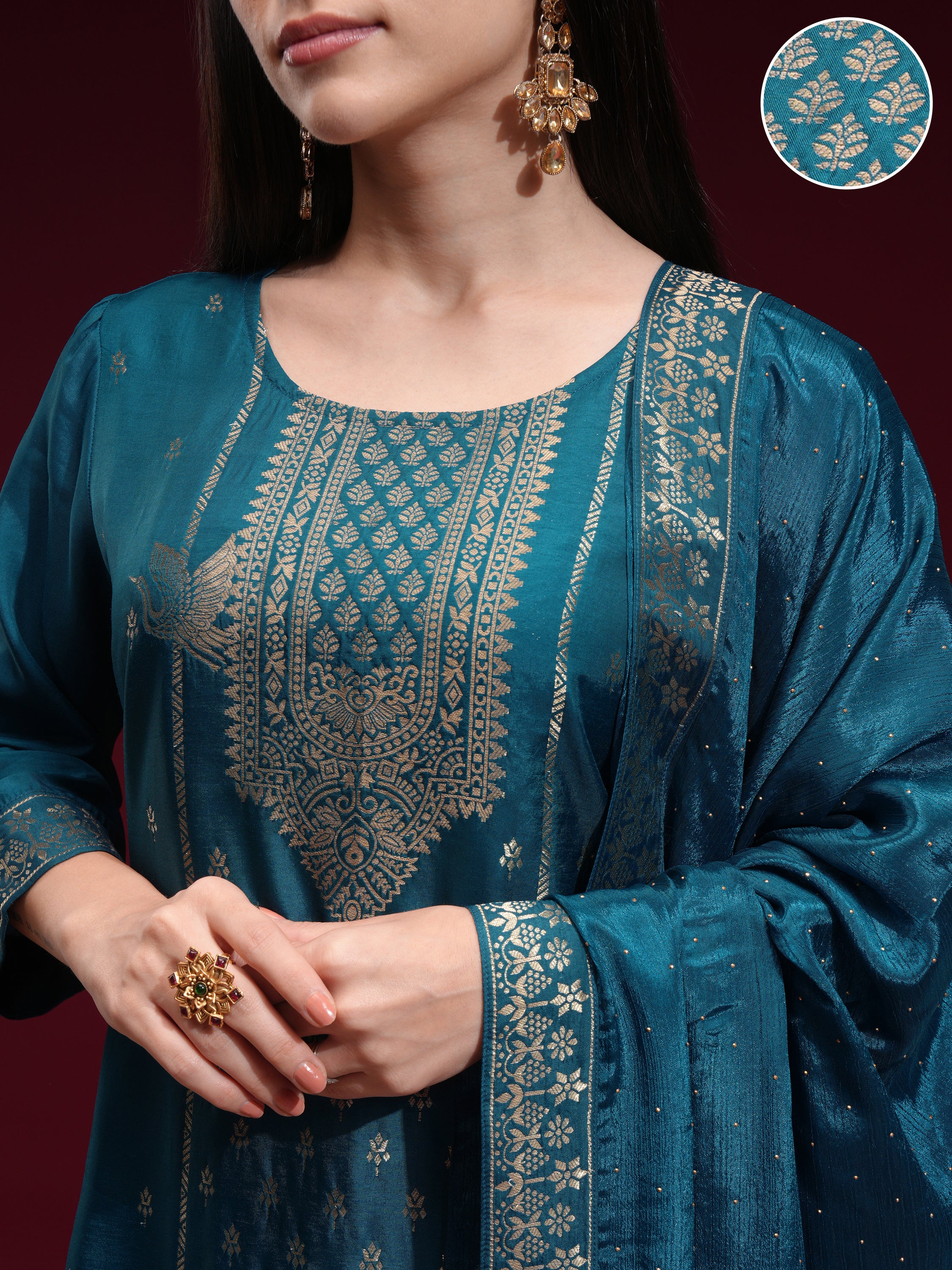 Vishudh Women Teal Printed Kurta With Palazzo And Dupatta - Teal - Image 5
