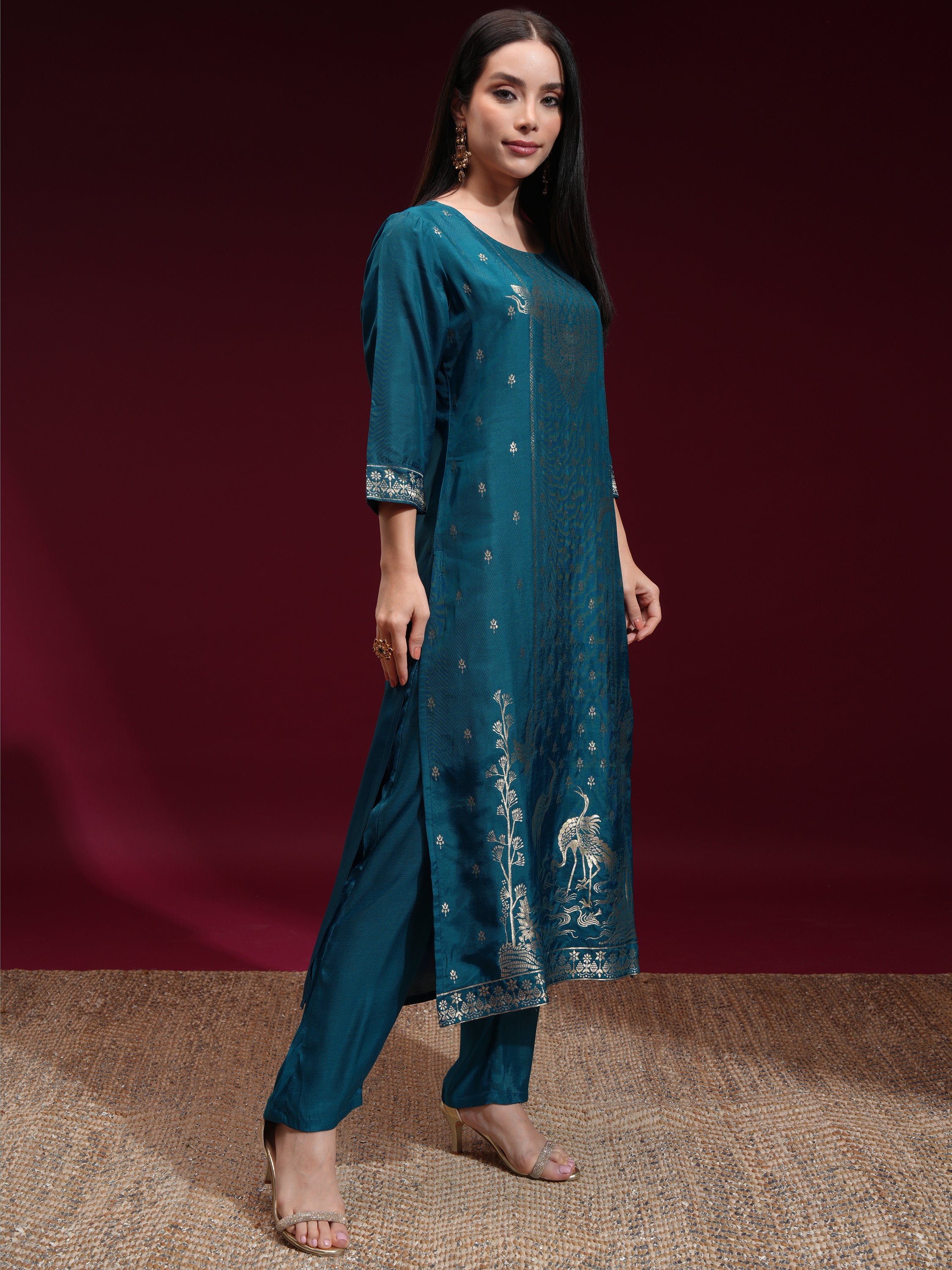 Vishudh Women Teal Printed Kurta With Palazzo And Dupatta - Teal - Image 6