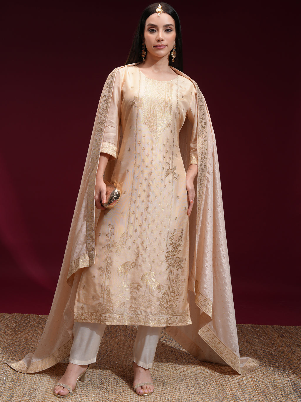 Vishudh Women Beige Printed Kurta With Palazzo And Dupatta - Beige - Image 2