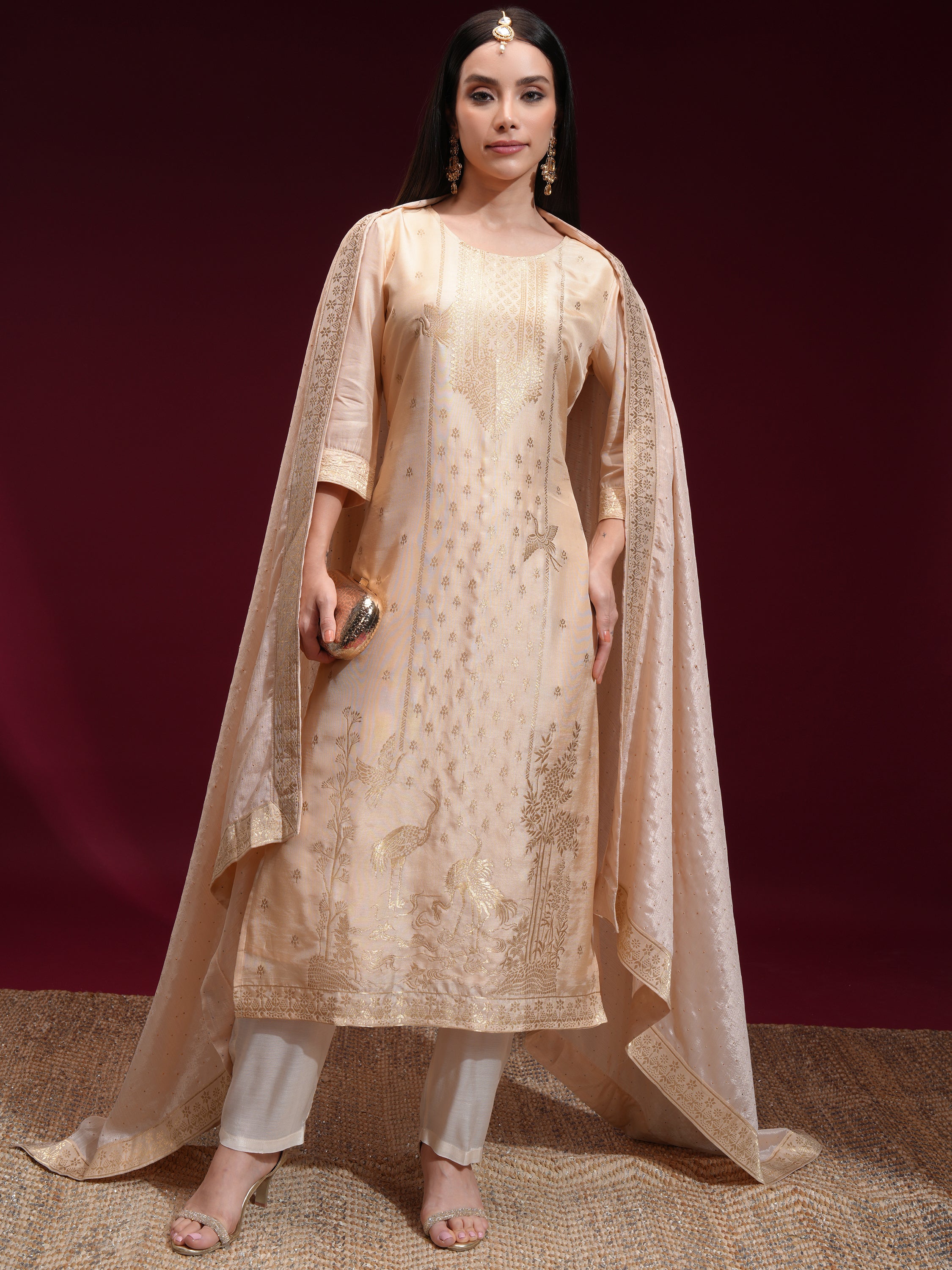 Vishudh Women Beige Printed Kurta With Palazzo And Dupatta - Beige - Image 2