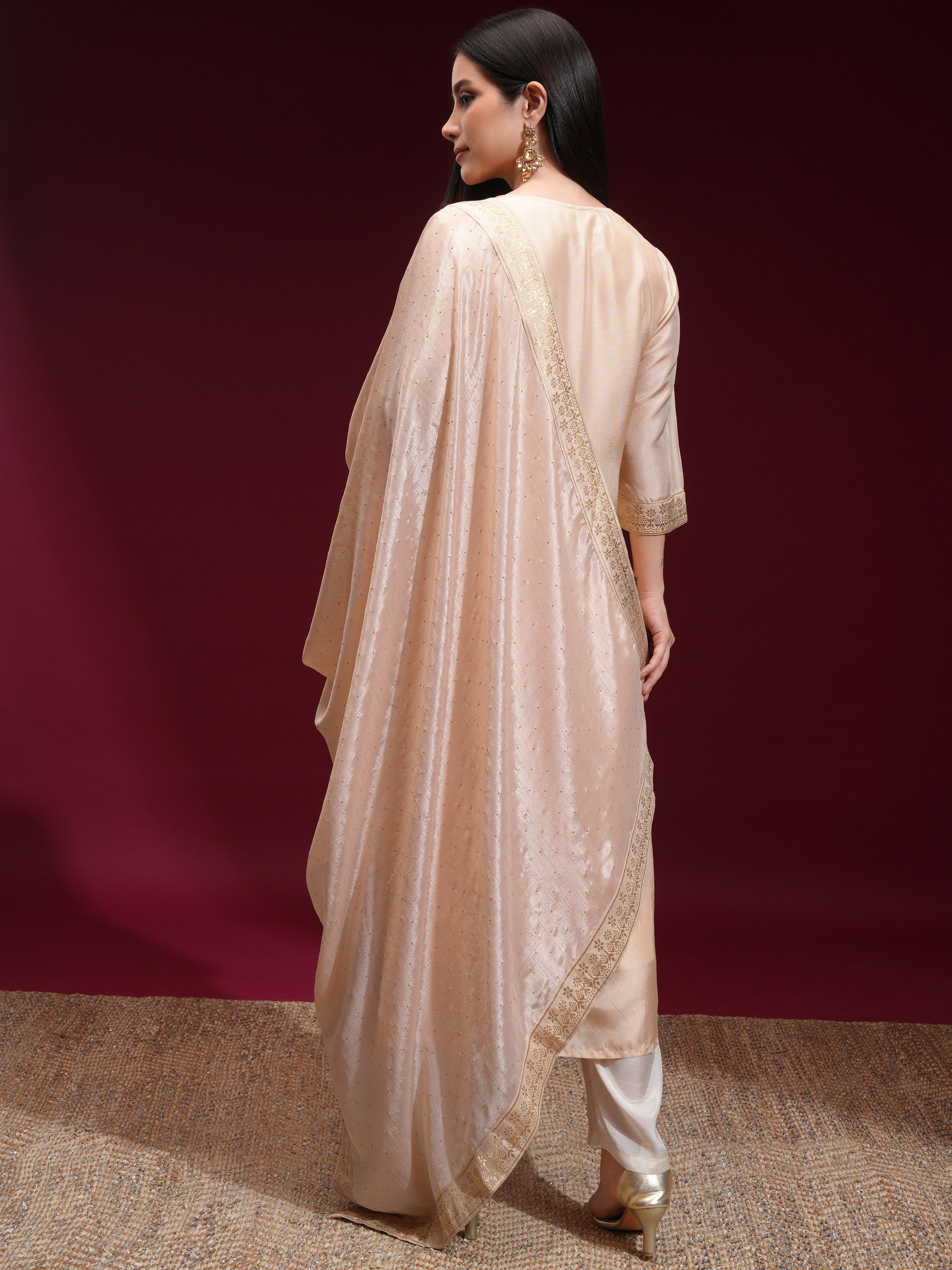 Vishudh Women Beige Printed Kurta With Palazzo And Dupatta - Beige - Image 3