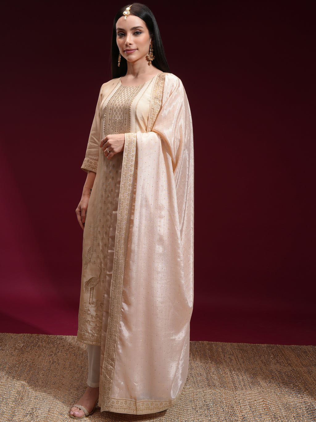 Vishudh Women Beige Printed Kurta With Palazzo And Dupatta - Beige - Image 4