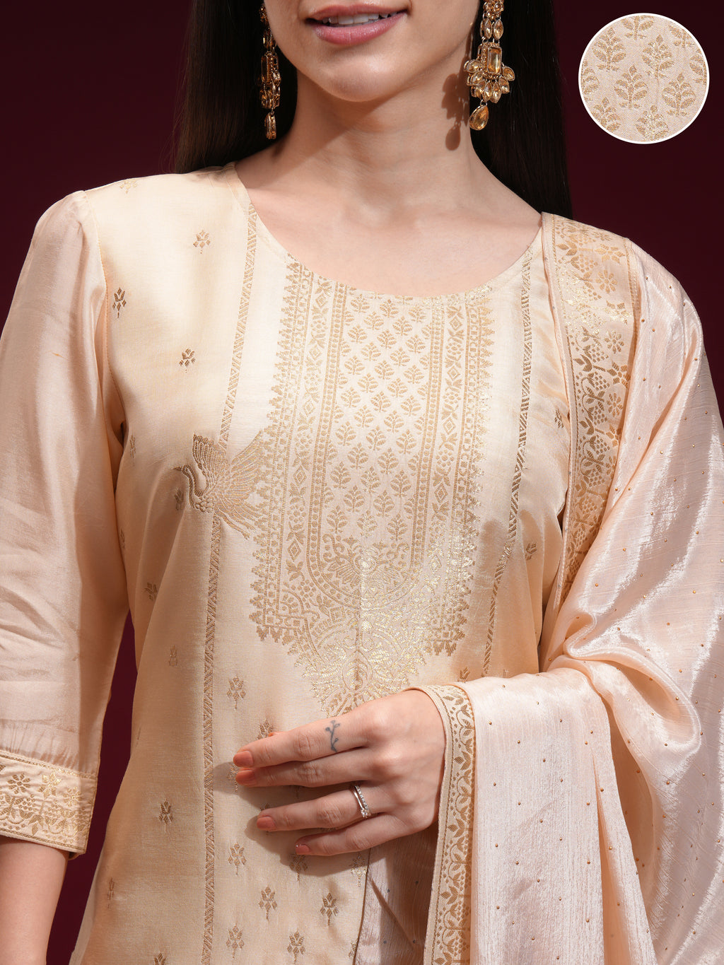 Vishudh Women Beige Printed Kurta With Palazzo And Dupatta - Beige - Image 5