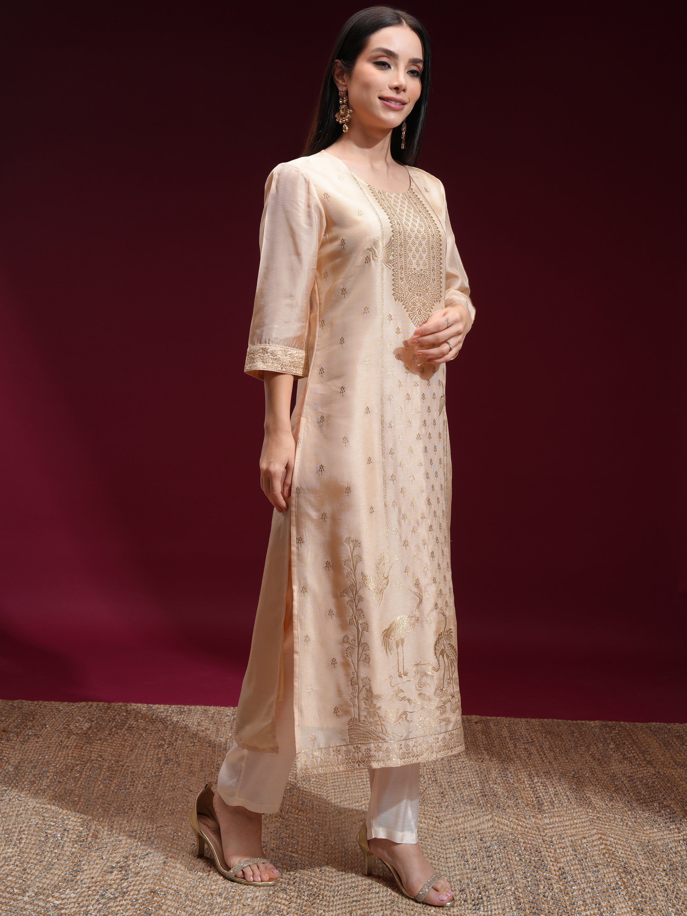 Vishudh Women Beige Printed Kurta With Palazzo And Dupatta - Beige - Image 6
