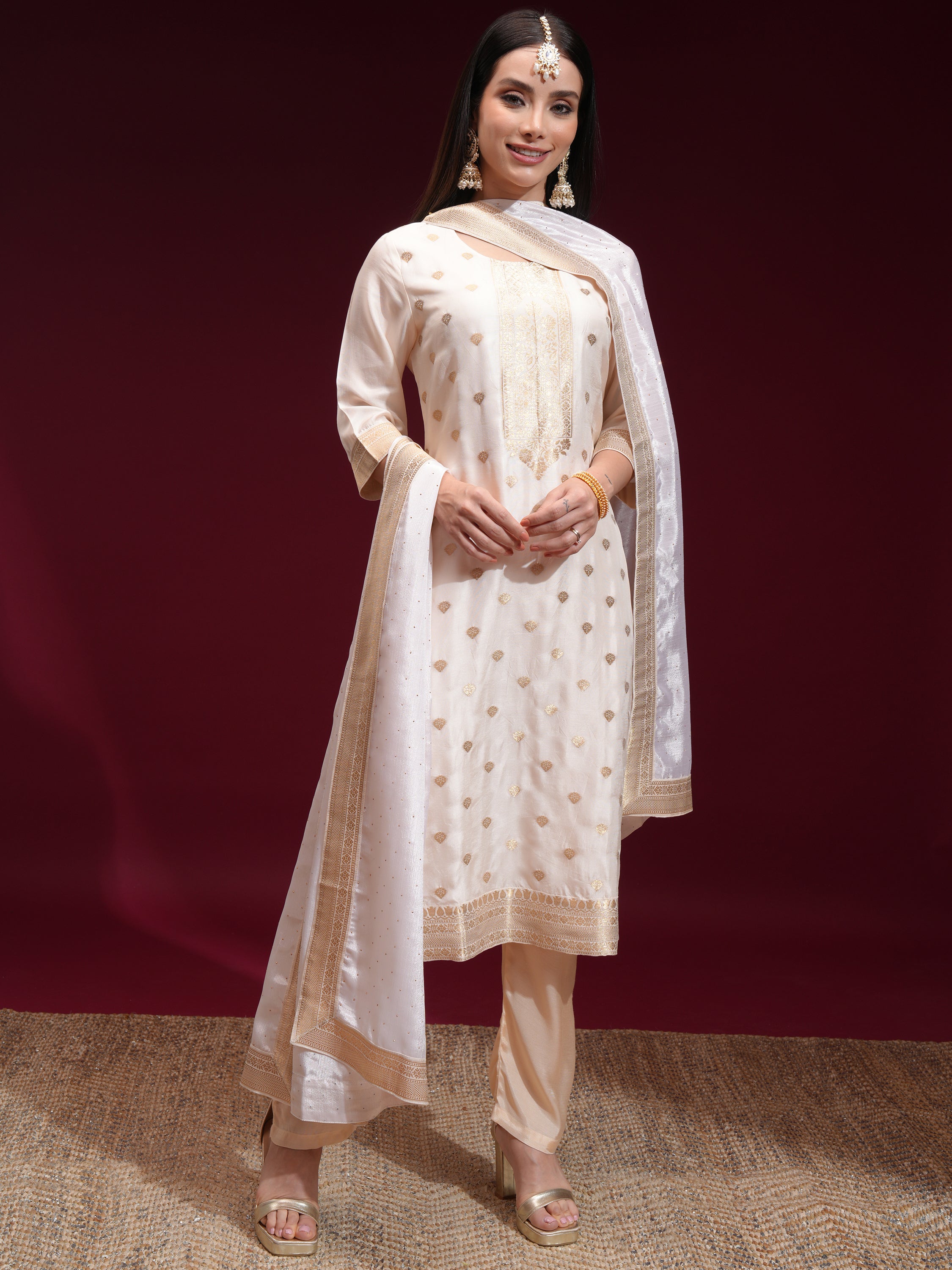 Vishudh Women Off White Printed Kurta With Palazzo And Dupatta - Off White - Image 2