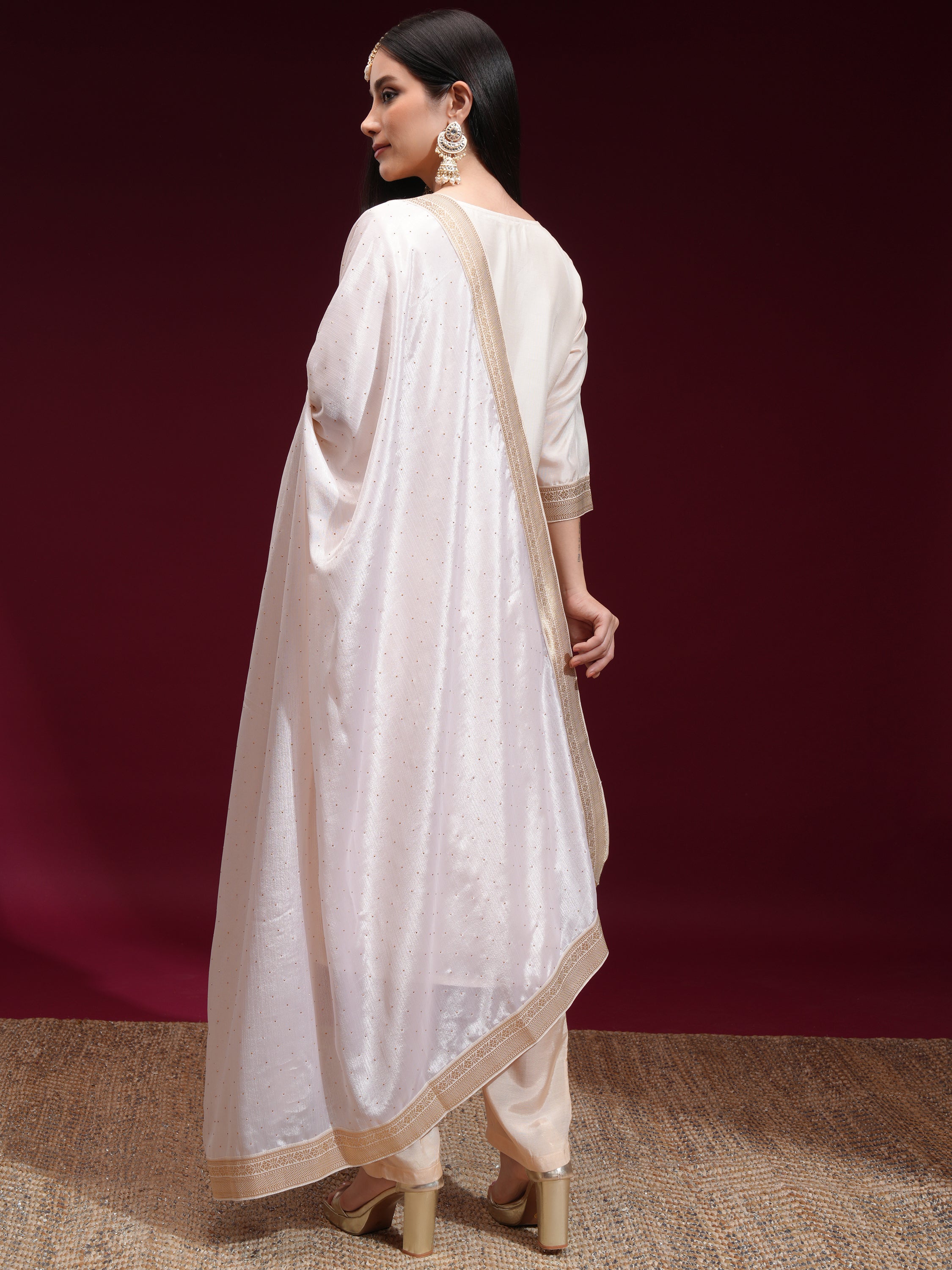 Vishudh Women Off White Printed Kurta With Palazzo And Dupatta - Off White - Image 3