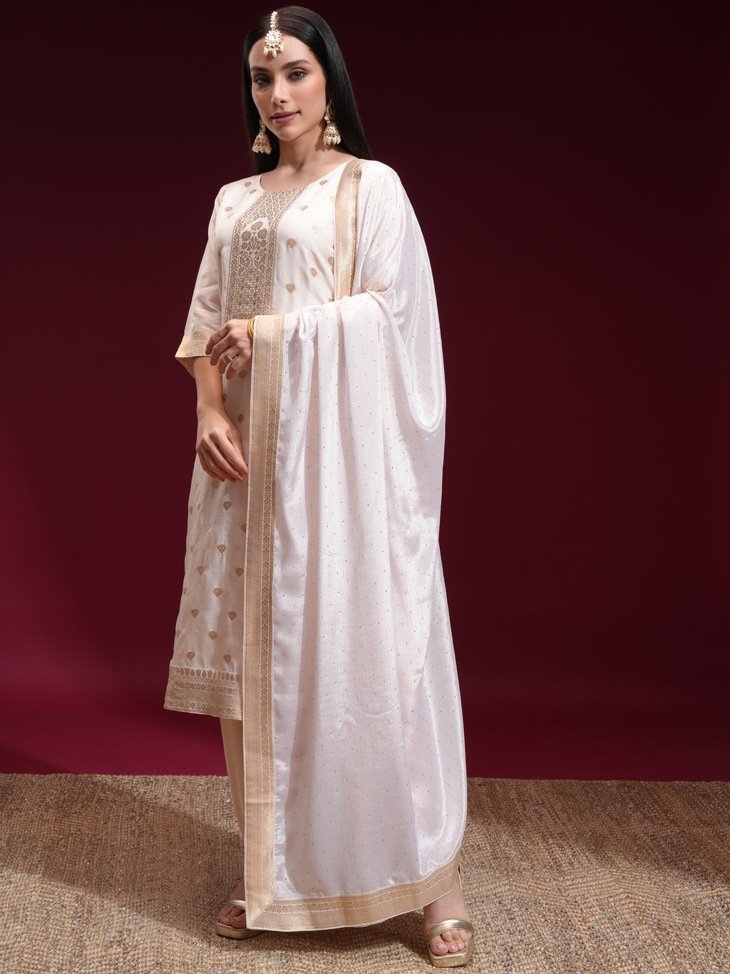 Vishudh Women Off White Printed Kurta With Palazzo And Dupatta - Off White - Image 4