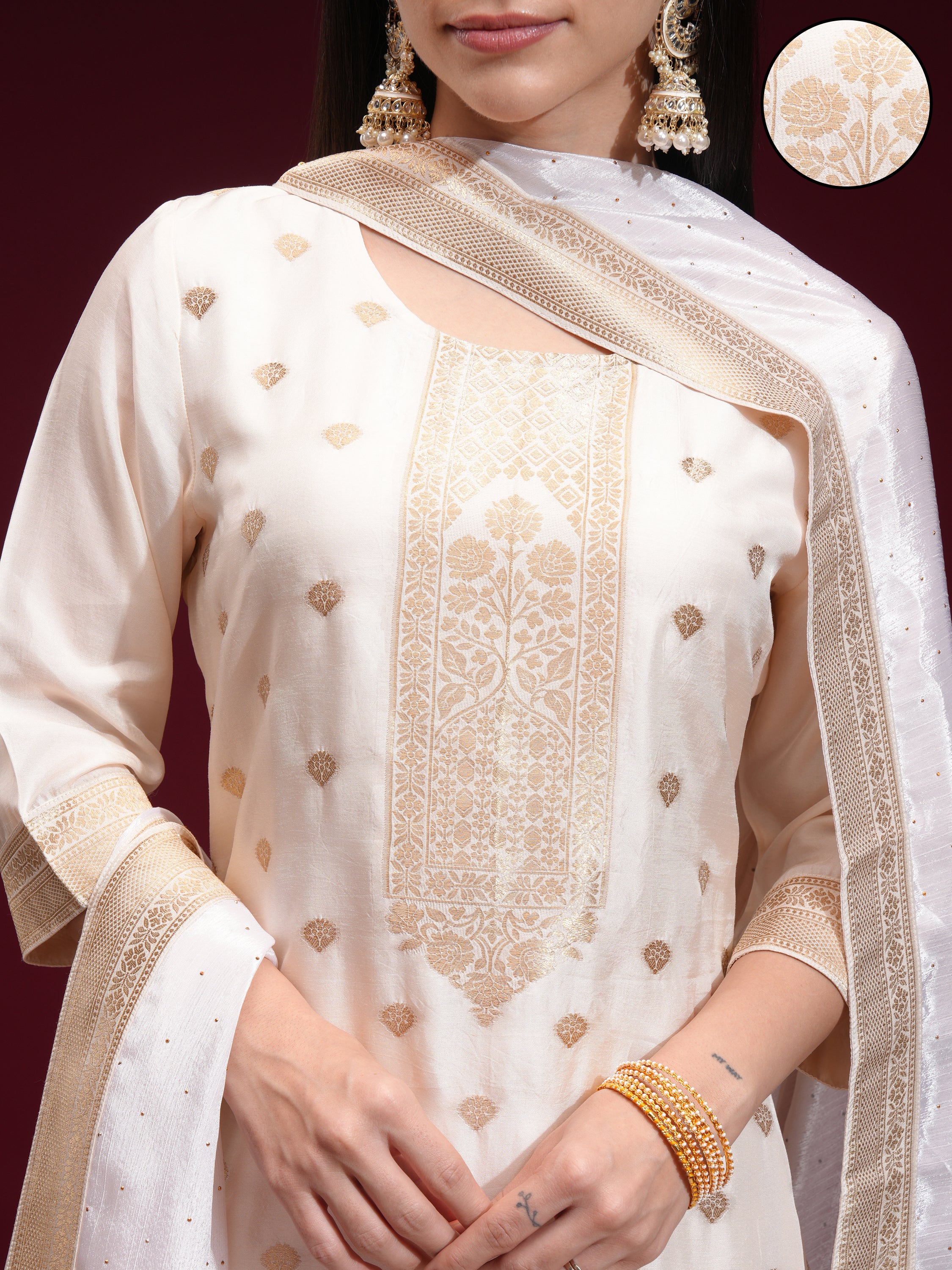 Vishudh Women Off White Printed Kurta With Palazzo And Dupatta - Off White - Image 5