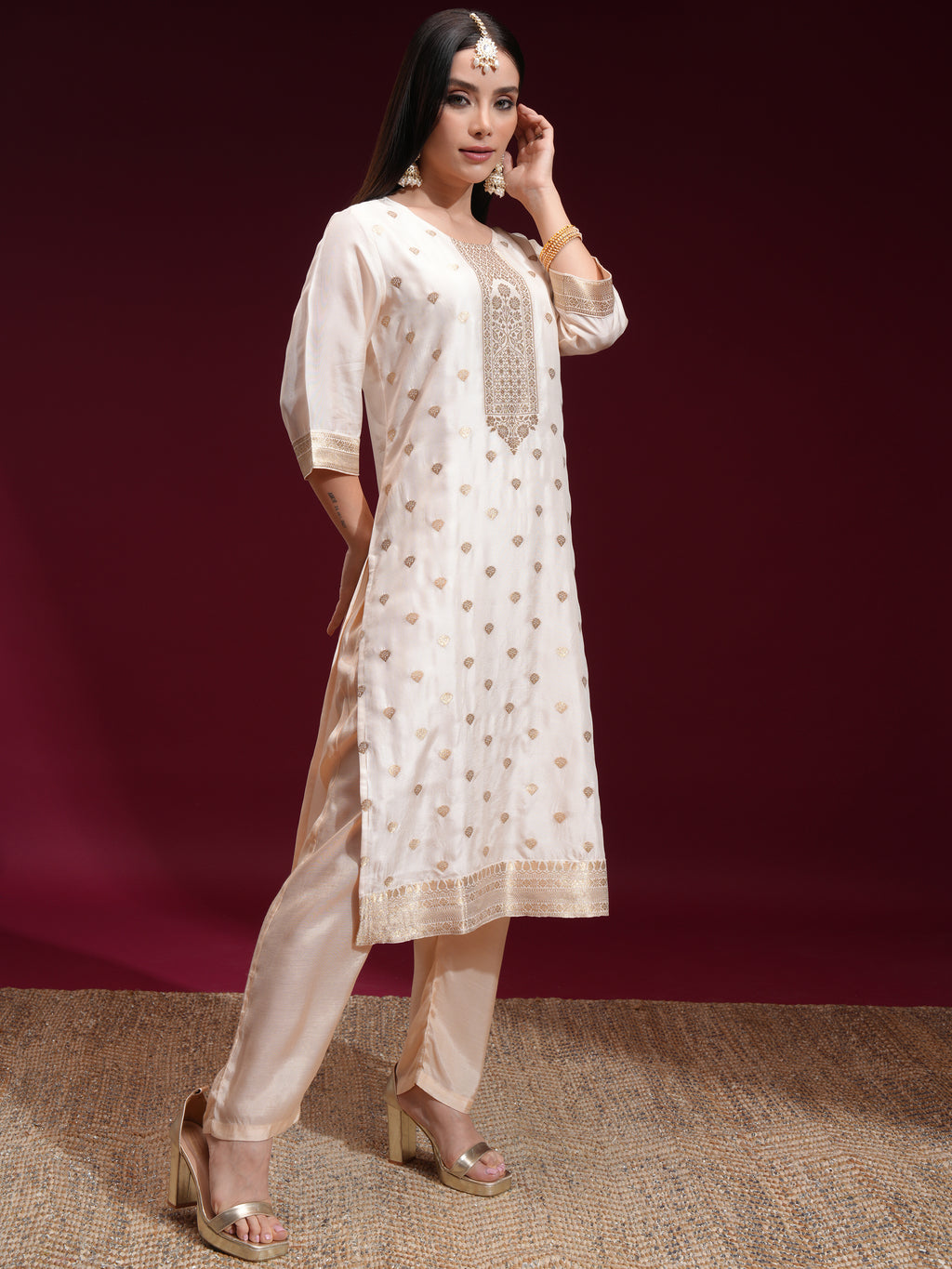 Vishudh Women Off White Printed Kurta With Palazzo And Dupatta - Off White - Image 6