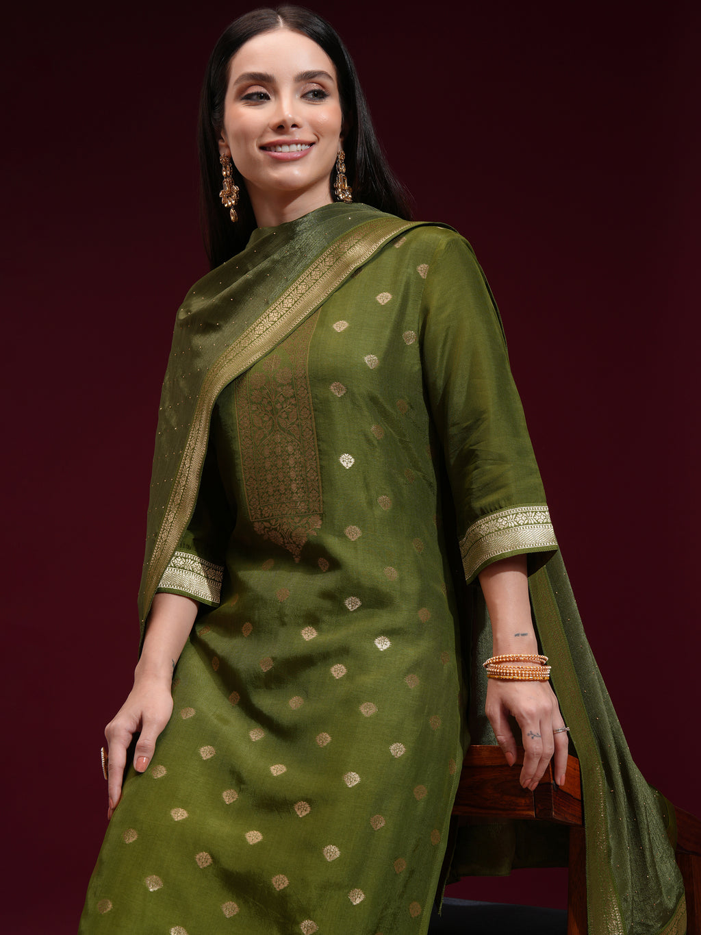 Vishudh Women Green Printed Kurta With Palazzo And Dupatta - Green - Image 1