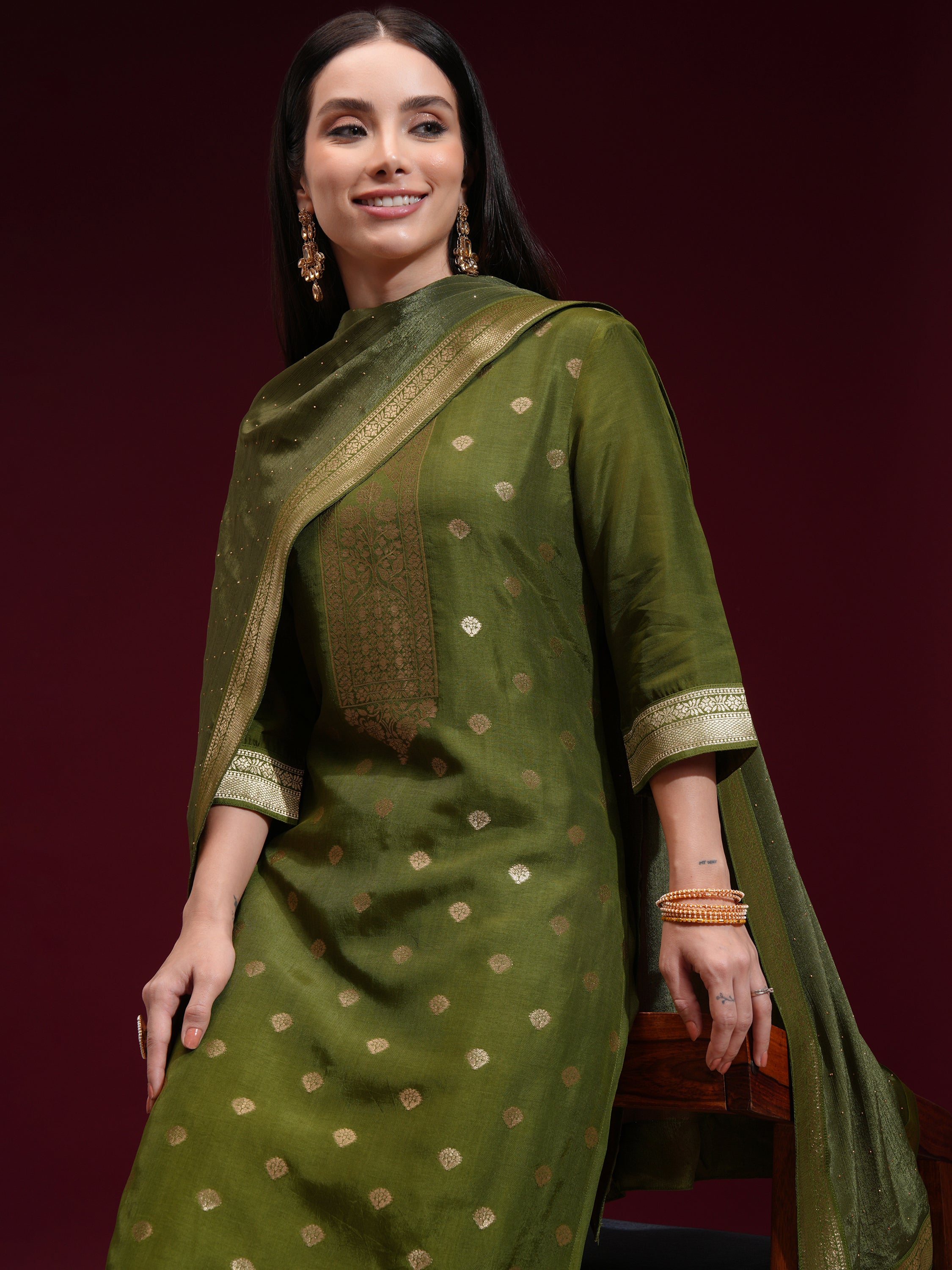 Vishudh Women Green Printed Kurta With Palazzo And Dupatta - Green - Image 1