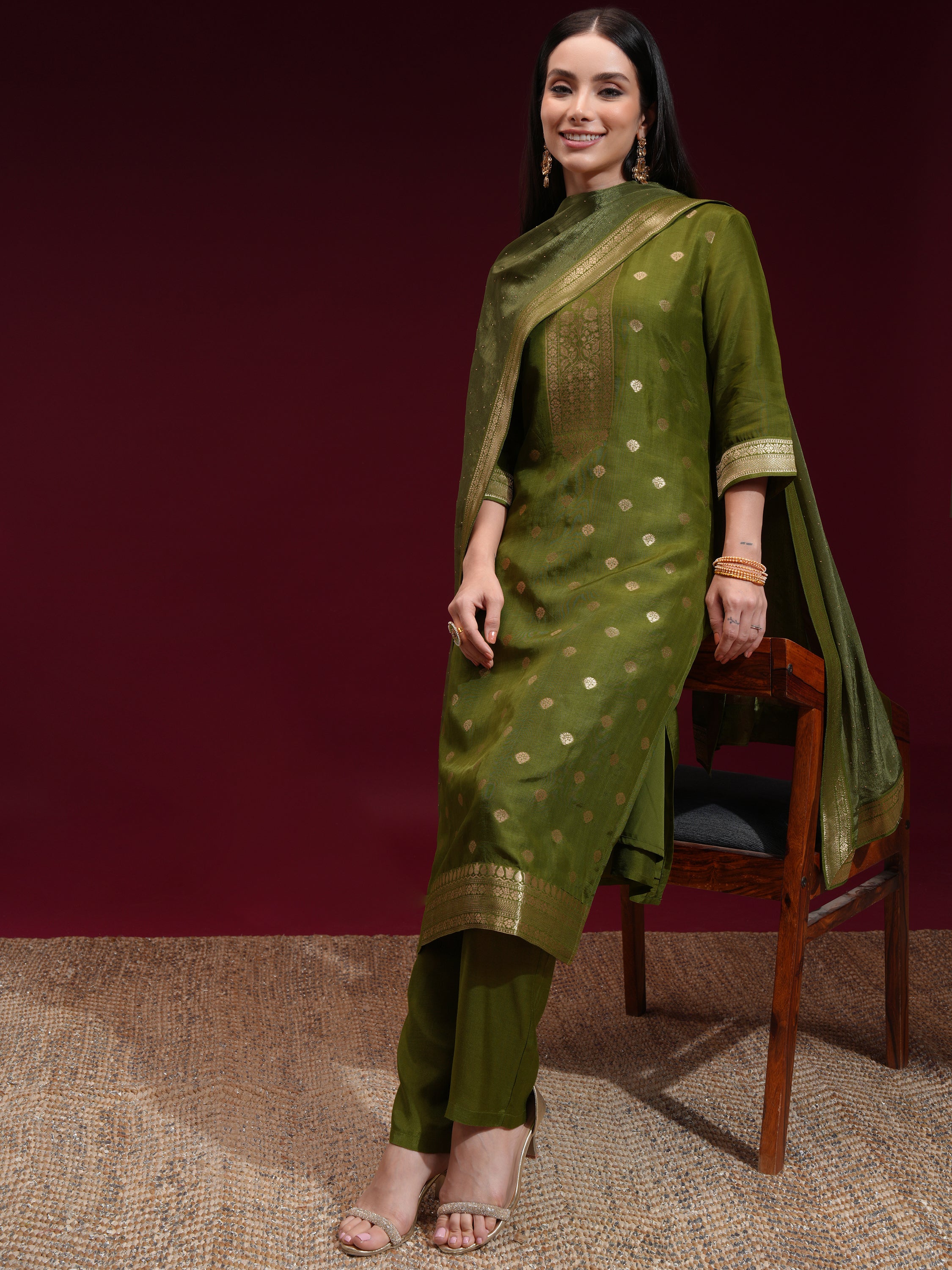 Vishudh Women Green Printed Kurta With Palazzo And Dupatta - Green - Image 2