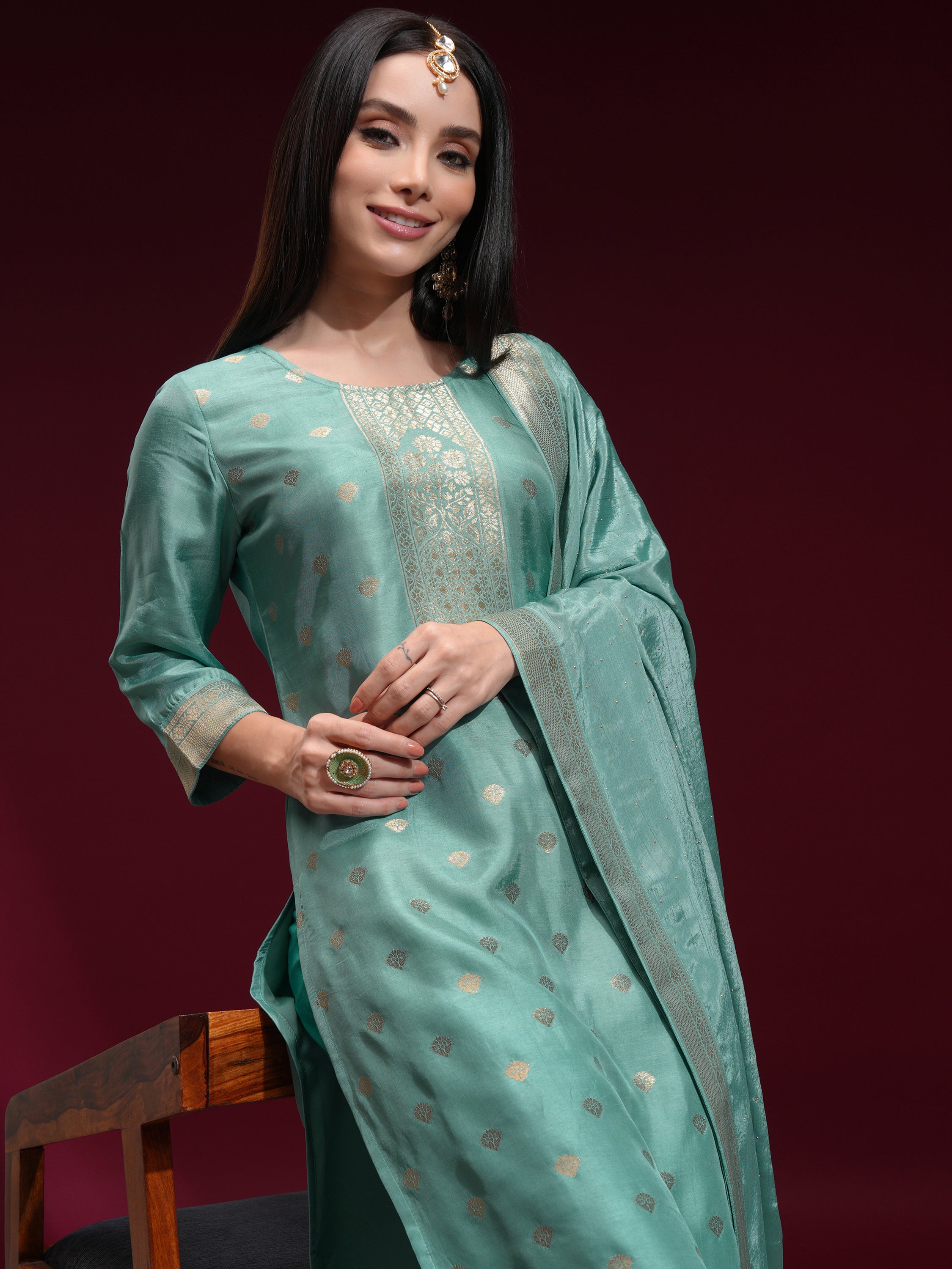 Vishudh Women Blue Printed Kurta With Palazzo And Dupatta - Blue - Image 1