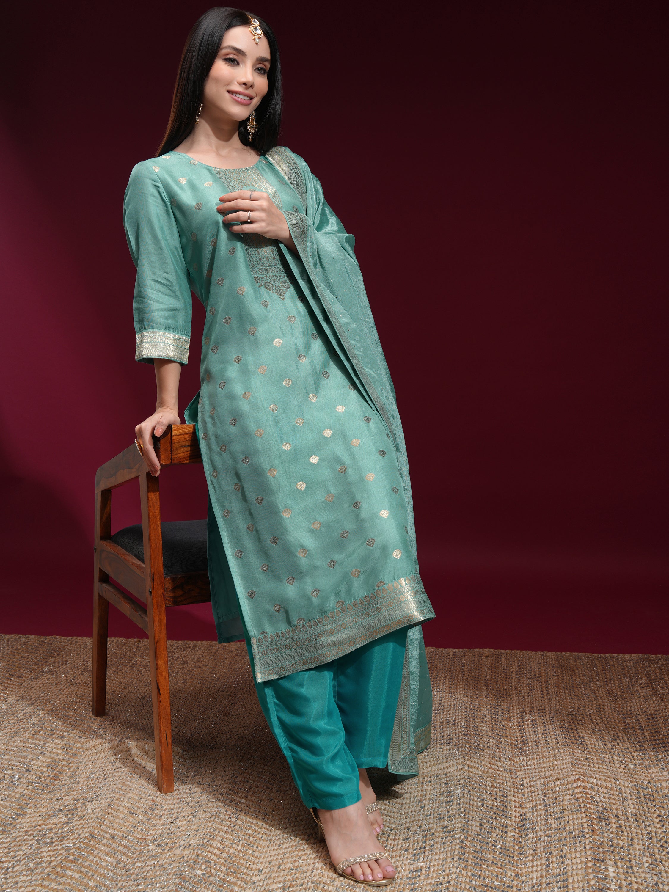 Vishudh Women Blue Printed Kurta With Palazzo And Dupatta - Blue - Image 2