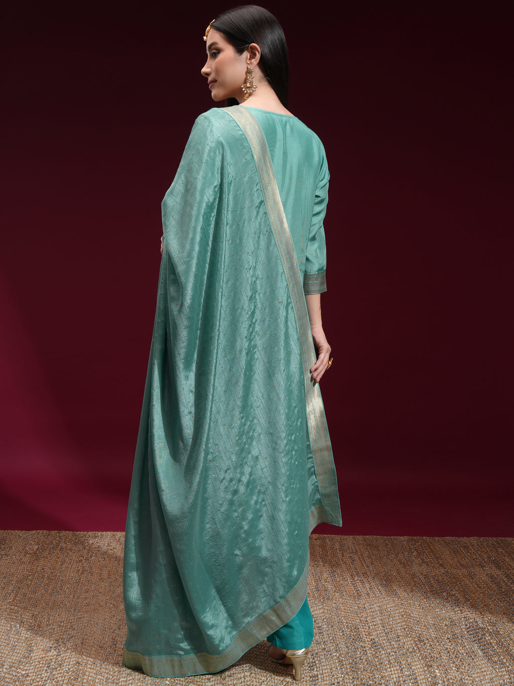 Vishudh Women Blue Printed Kurta With Palazzo And Dupatta - Blue - Image 3